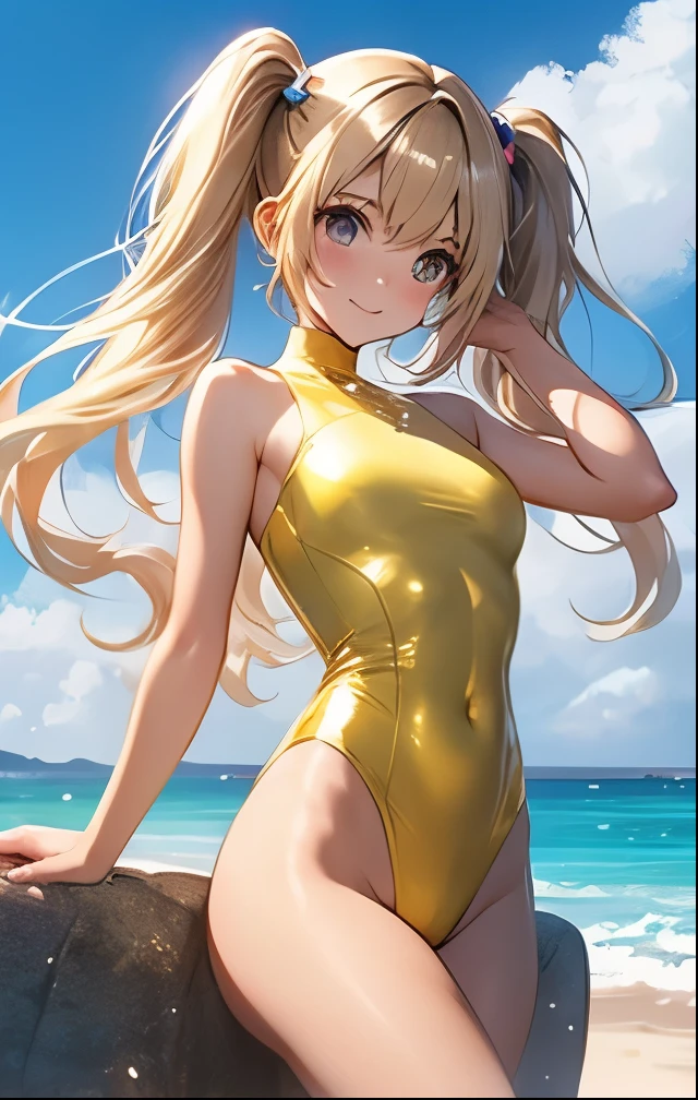 1girl, adult woman, (Blushing:1.4), ( highcut swinsuit, gold animal print), blushed, Smile, Cowboy Shot, Slim body, Small breast, small boobs, Full Body, Detailed background: Beach and palmtrees, summer