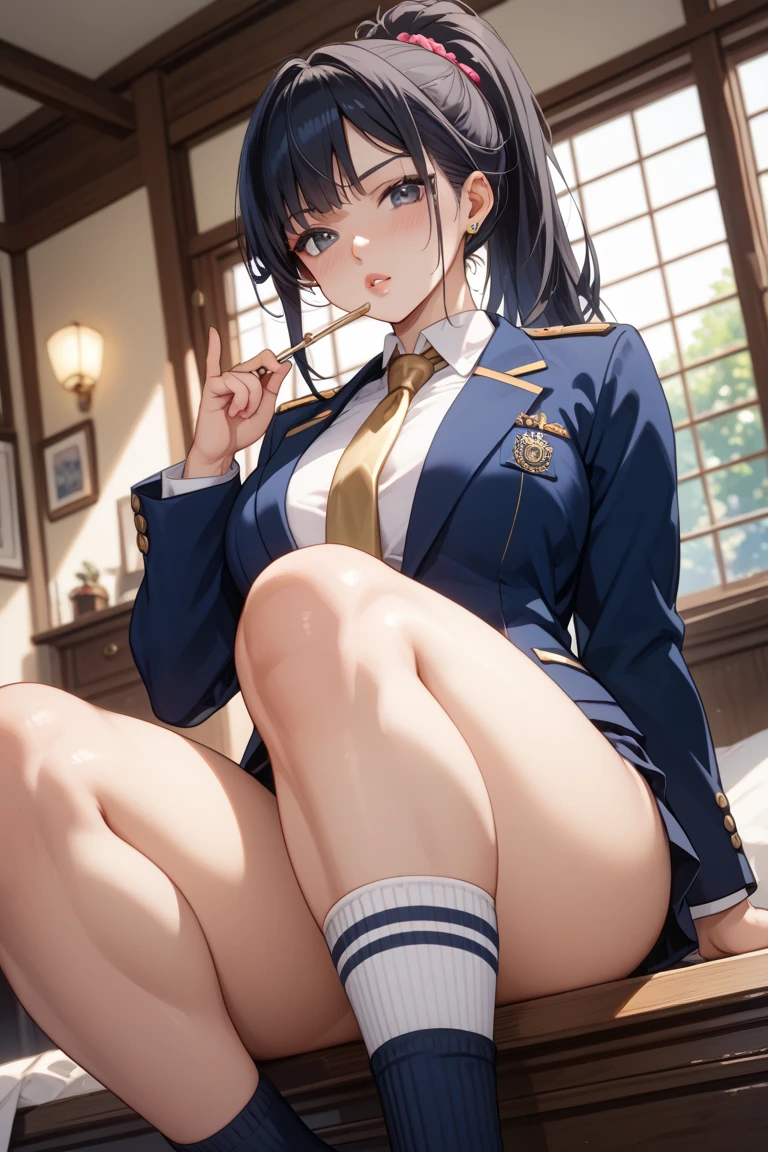 (masterpiece,Highest quality:1.3,best quality illustration),realistic,cowboy shot,1woman,30 year old Japanese beauty,Naval officer、((very small head:1.4)),short bob hair,brown hair,bangs,brown eyes,gorgeous eyes,shy,Heavy breathing,((Dark blue blazer jacket、White Shirt、Blue tie、Navy blue mini skirt、black thighhighs)),garter belt、navy uniform,small breasts,((very long body:1.4,tan skin:1.2)),(toned body,slender body,skinny),gleaming skin,shiny skin,sweat:1.2,standing,sitting,Simple bedroom、Simple bed、