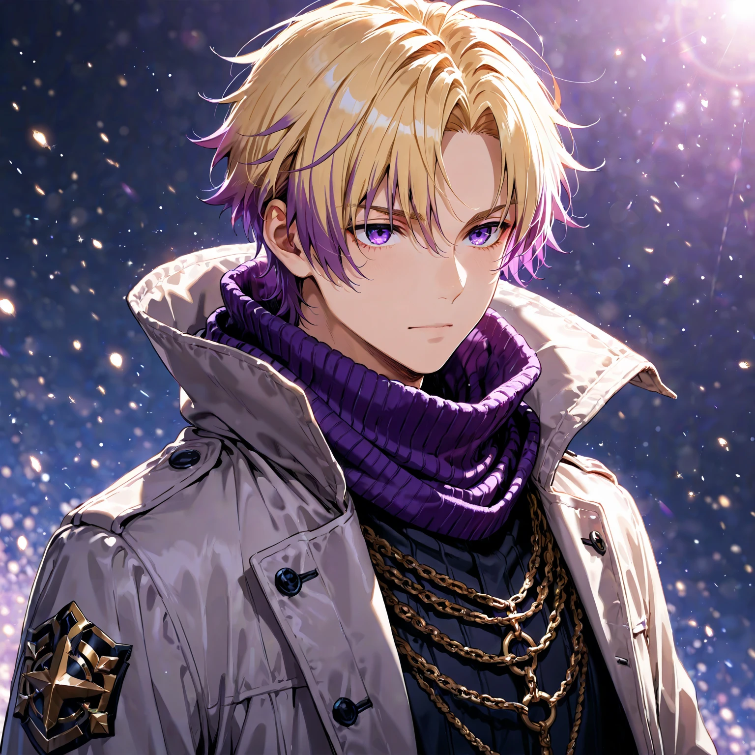 (((masterpiece; best quality: 1.2))), (finely detailed eyes: 1.3), ((1 young man)), ((solo)), (purple eyes: 1.4), (body shape; lean, masculine, manly: 1.3), (very short blond hair: 1.3), (beautiful and clear background: 1.2), ((depth of field)), (equipment: fashionable garb + black jacket + white t-shirt + black watch + thin chain necklace: 1.3), (anime illustration: 1.2), (background composition; park + day: 1.1), (extremely handsome: 1.1), (shot composition; standing + centered on face + bust close-up: 1.5), (facial expression; calm, smile: 1.2)