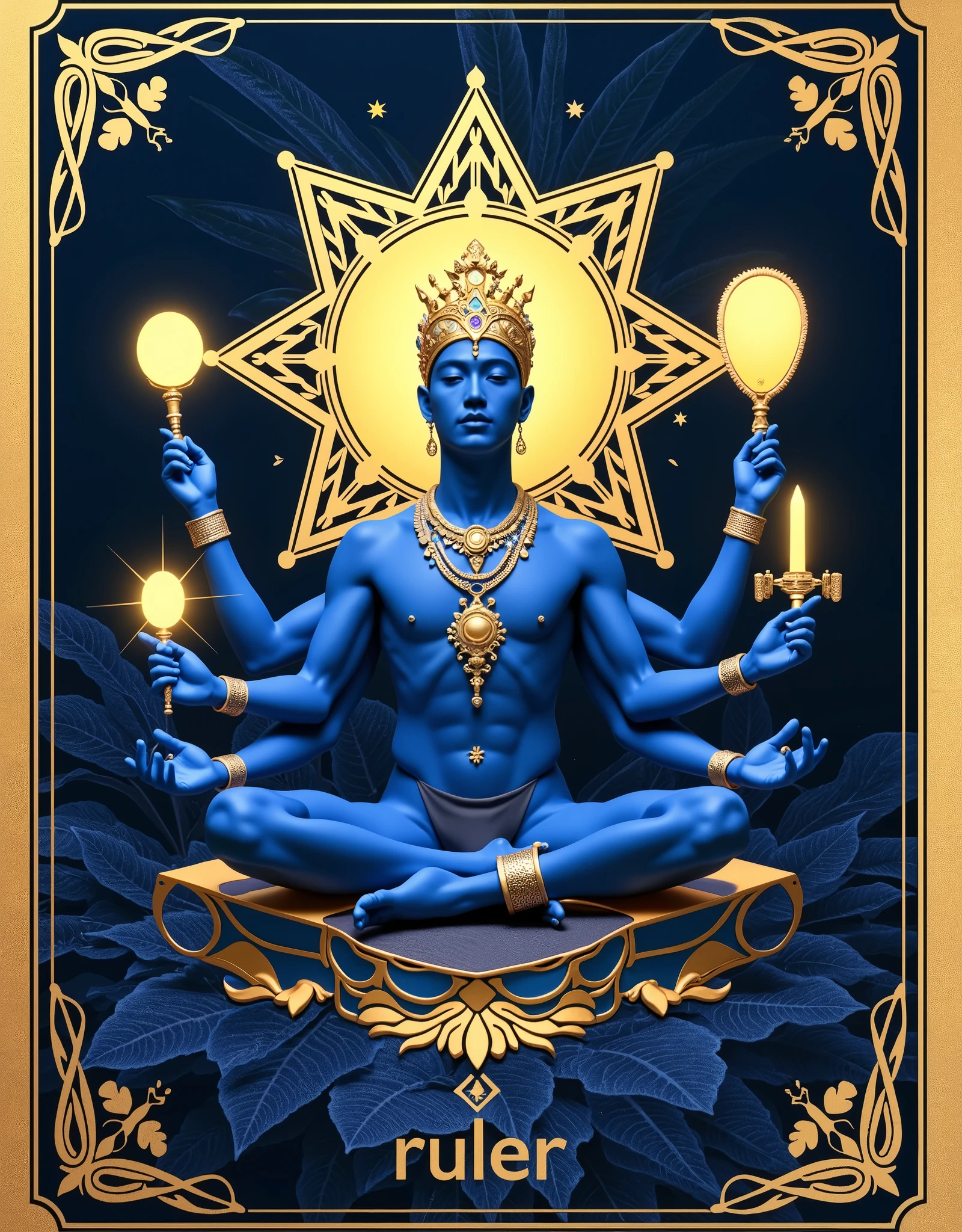 masterpiece, Realistic, best quality, Ultra High Resolution, Blue and Gold Duet, Playing Cards, In the middle of the card is an Asian male deity sitting in meditation, young, Handsome, Dark Blue Skin,  [Six arms each holding a golden glowing spell: Rattlesnake, sword, Gossip Mirror, Congolese Circle , Little Congolese Hammer, Yu Ruyi ],  Decorated Crown of Gold Jewelry, Gold Sparkling Gemstone Accessory, Glow of Gold Back Head Halo, nude body, Dark Blue Starlight Shorts, Full Body Gold Luxury, There are five gold colors in the middle of the whole card PENTAGONAL STAR GEOMETRIC PATTERN, written in English Ruler, The whole card has a golden border geometric pattern, Soft Background, Complex composition , 
