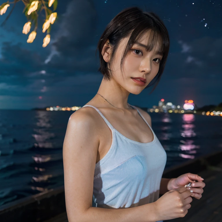 (((best quality))),(((ultra detailed))),(((masterpiece))),illustration,((1girl,Rui Kisugi,solo)),((slim,thin)),((small breasts,flat chest)),(tomboy wavy short hair:1.2),(bangs:1.3),((bare shoulder,shoulder off)),(orange full-body tight-fitting catsuit:1.5),(a red ribbon is tied around the waist:1.3),(standing:1.3),(On the roof of skyscraper:1.3),(city view:1.2),(outdoor:1.2),(night scene:1.3),elegant,confident,athletic,curves,(slender legs:1.2),waist,concrete,glass,buildings,starry sky,natural beauty,captivating,thought-provoking,((from front,upper body))