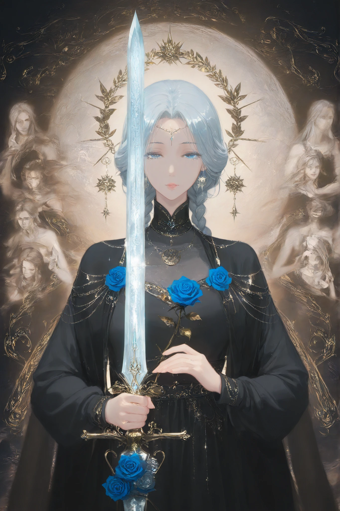Create an anime-style female character with long, flowing silver hair styled in braids. The character has large, expressive blue eyes and a gentle but sad expression. She wears a black outfit with a high collar and a blue rose pinned at the center. She holds a shimmering sword in one hand, surrounded by a mystical, ethereal glow, with soft sparkling elements in the background. The overall atmosphere should convey a sense of beauty and melancholic strength.