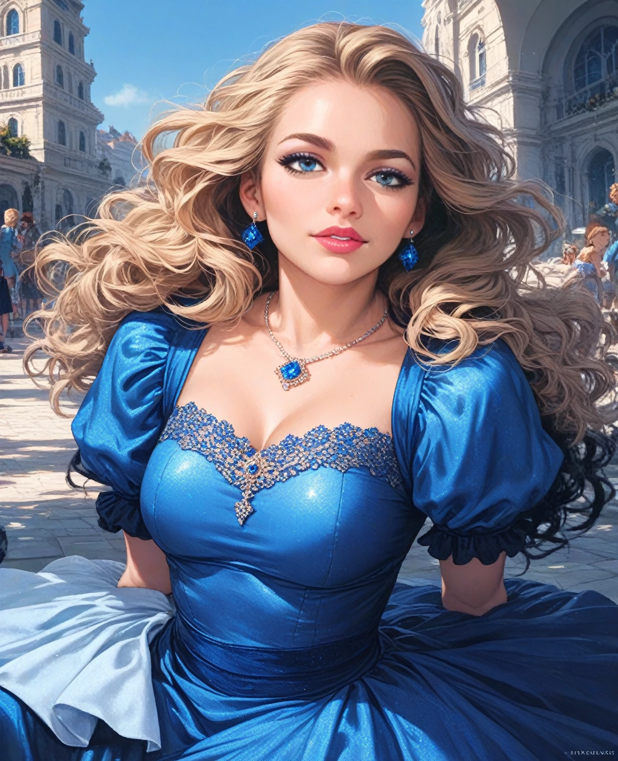 Portrait of amazingly beautiful tanned bimbo princess，full bodyesbian（Full-body photography），Soft, delicate, beautiful and charming face with attractive blue eyes，Sharp eyeliner，seduct smile，Blonde hair disturbed by the wind，High ponytail，Thick layered medium double-tailed hairstyle，Blushing eyeshadow and thick lashes，parted lip，the golden ratio， a narrow waist， huge breasts，Optimal proportions of four fingers and one thumb, princess ballgown，high-heels，luxury castle background