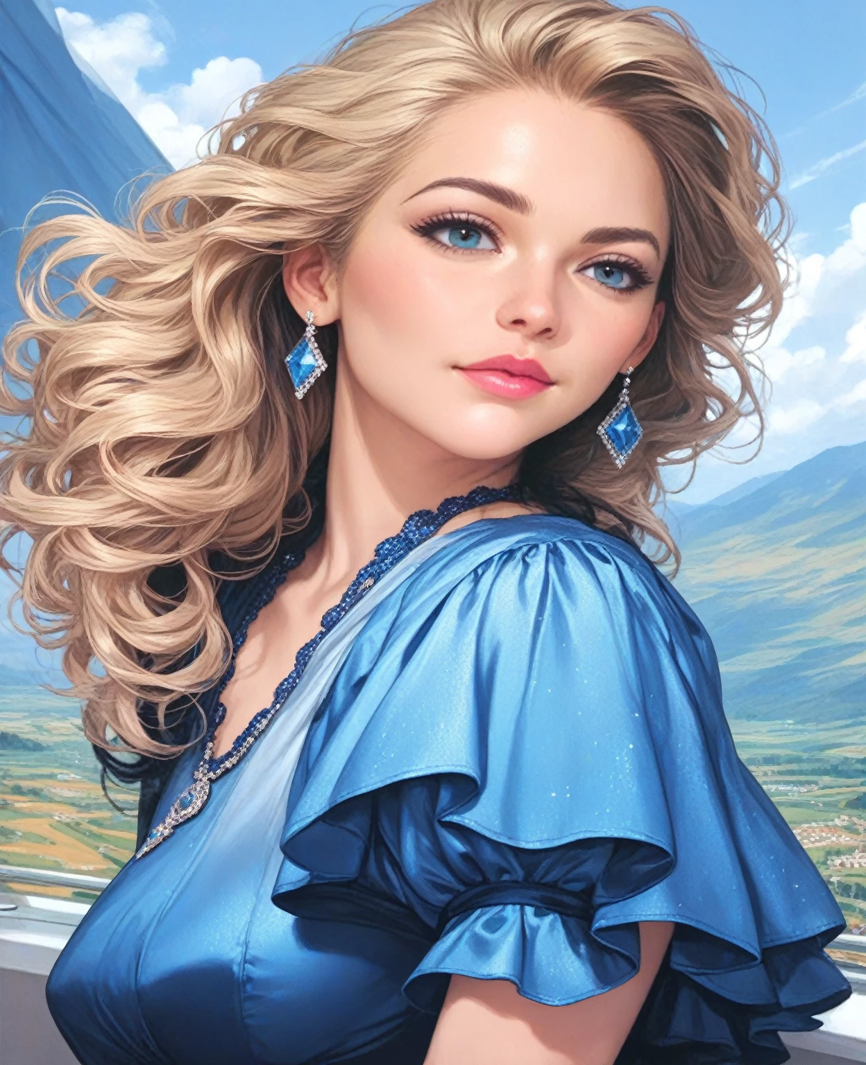 fantastic landscape,blond hair,blue dress,