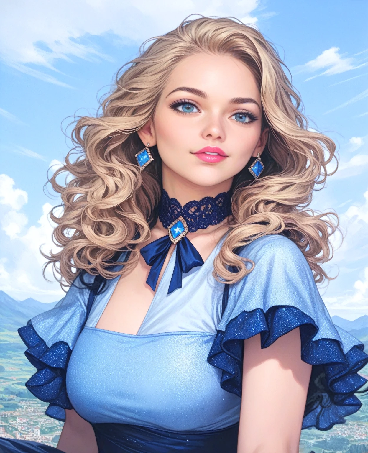 fantastic landscape,blond hair,blue dress,