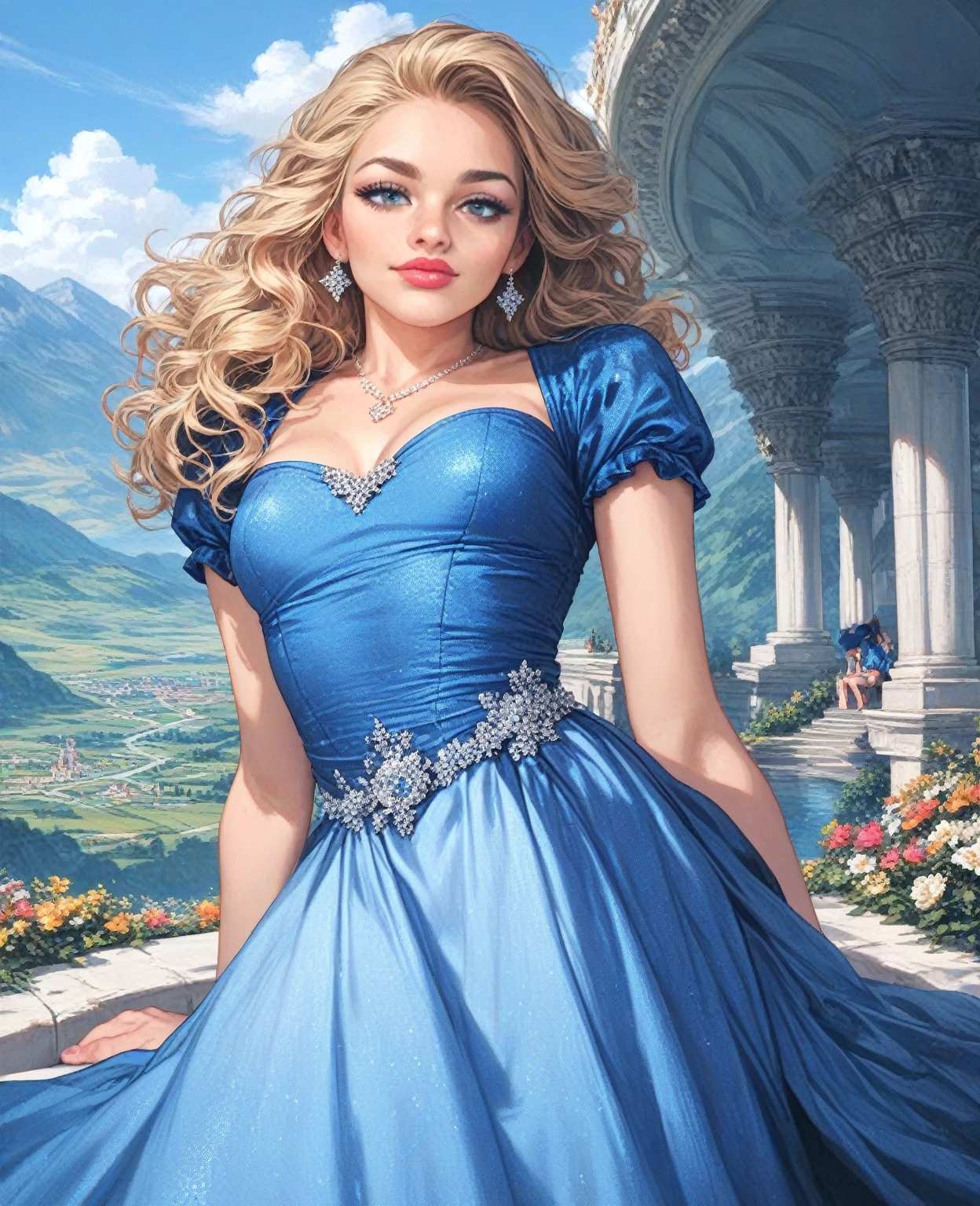 fantastic landscape,blond hair,blue dress,