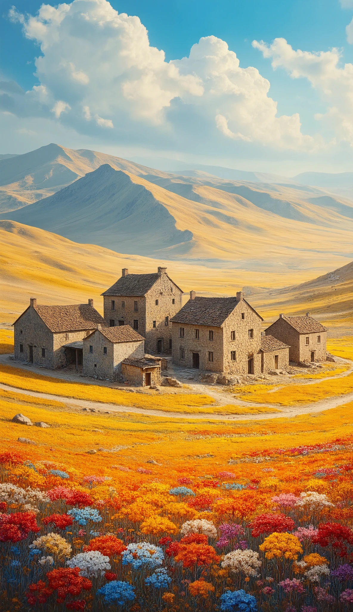 I'm imagining、A Masterpiece of Caucasian Plain Painting 、 bright color 、 spectacular dramatic expression intense style 、 Small village 、 大平原のSmall village 、 gentle flowers 、 Crystal's Best Quality Environment 、 Spectacular views 、 Sturdy Buildings。