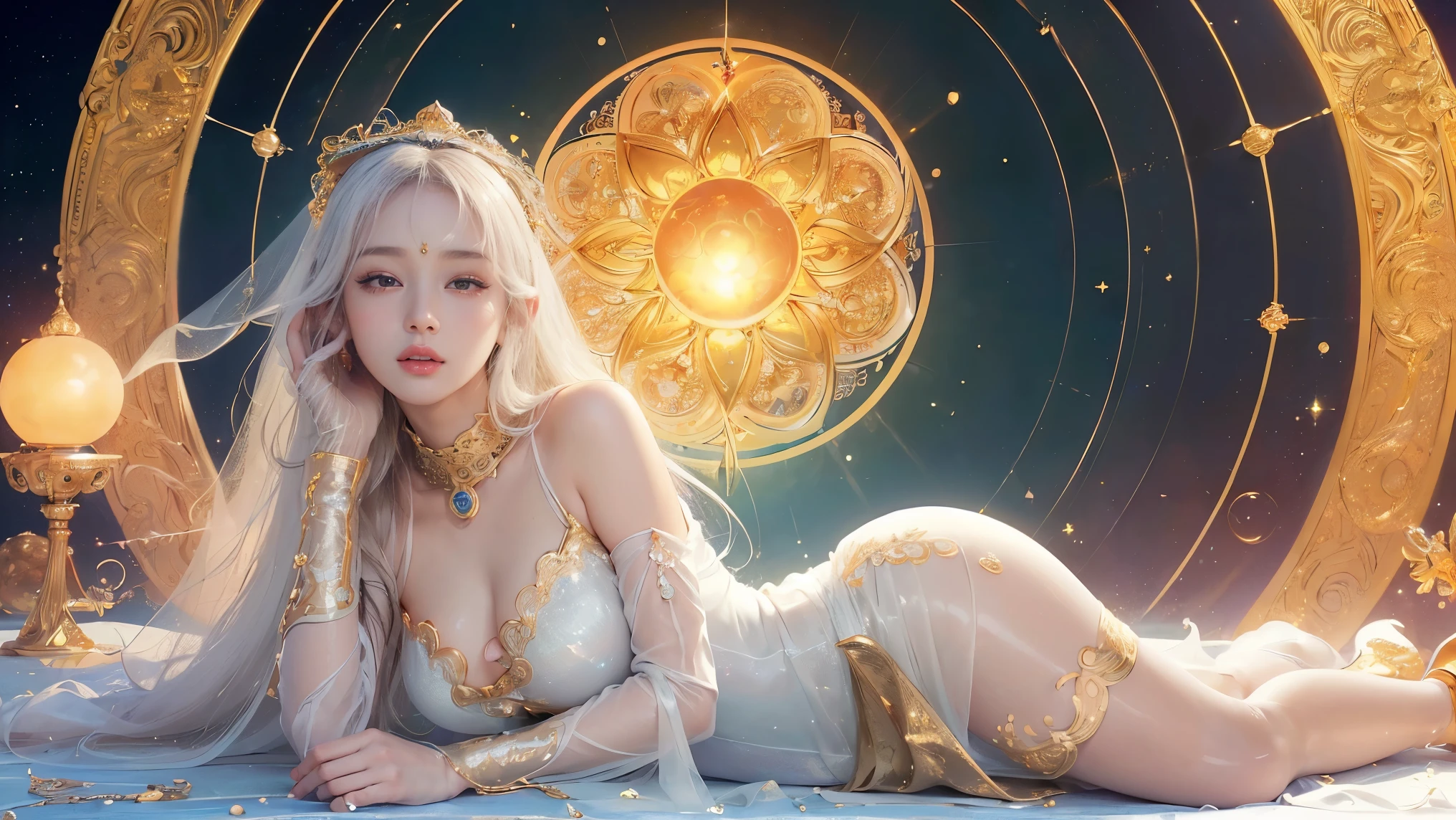 Woman in transparent dress,Viewer,(((Full breasts, Keeley University))),Slim waist,(Navel exposed,Bare waist), Long hair, extreme detailed details, Detailed fantasy art, Stunning character art, Beautiful and exquisite character art, Beautiful transparent dress, Very detailed, Girl wearing flowing Hanfu, Exquisite headpieces and jewellery,Crystal jewelry filigree, galaxy, Stunning visuals, (Dynamic Stripes, light rail:1.2), Vibrant colors,Long hair动漫女孩和狐狸, 美丽的白金色Angel女士, 白毛Angel, Beautiful character painting, Beautiful anime portrait, Angel翅膀的女孩, a beautiful Angel woman, Mystical artwork, Guweiz, by Ren Renfa, Angel, Large Breasts,Full breasts,Golden ratio figure,Perfect body,Ultra wide-angle shooting,Full body shot,Body close-up,Full body shot,Wearing a pleated tulle skirt,Soft anime illustration, Soft dark background,Fujifilm XT3 Clear focus, f 5.6, High Detail, Clear focus, Dramatic, (Wearing openwork clothing), (Looking at the audience:1.8), (Natural light), (Tempting)translucent, Good velvet quality, Compared, Divine Light,, Silver gray hair, Sky background, Absolute Strength,女性Angel,Girl in sexy silk,,Large Breasts,Full breasts,Golden ratio figure,Perfect body,Ultra wide-angle shooting,Full body shot,Body close-up,Full body shot, Wearing a tulle dress, Model shooting style, Large Breasts,Full breasts,Golden ratio figure,Perfect body,(Extremely detailed CG 8k wallpaper unit), The most beautiful artistic photos in the world, , 8K Ultra HD, ) On the big white bed,Lazy gesture,Charming and seductive expression,best quality,masterpiece,Ultra-high resolution,(Practical:1.4),original photo,Ultra-high resolution,White skin,Exquisite makeup,Long legs,Bright beautiful eyes,用深色眼影打造Exquisite makeup,
