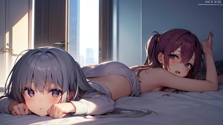 beautiful detailed ung girl,light purple hair,Bunny ears,long hair,red eyes,(Completely naked:1.5),room,(暗いroom:1.1),bed,(bedに座っている:1.4),(Cigarette in hand:1.2),(smoke comes out from a cigarette:1.2),troubled face,(slightly bigger breasts:1.5),(Turn your back to your audience:1.3)