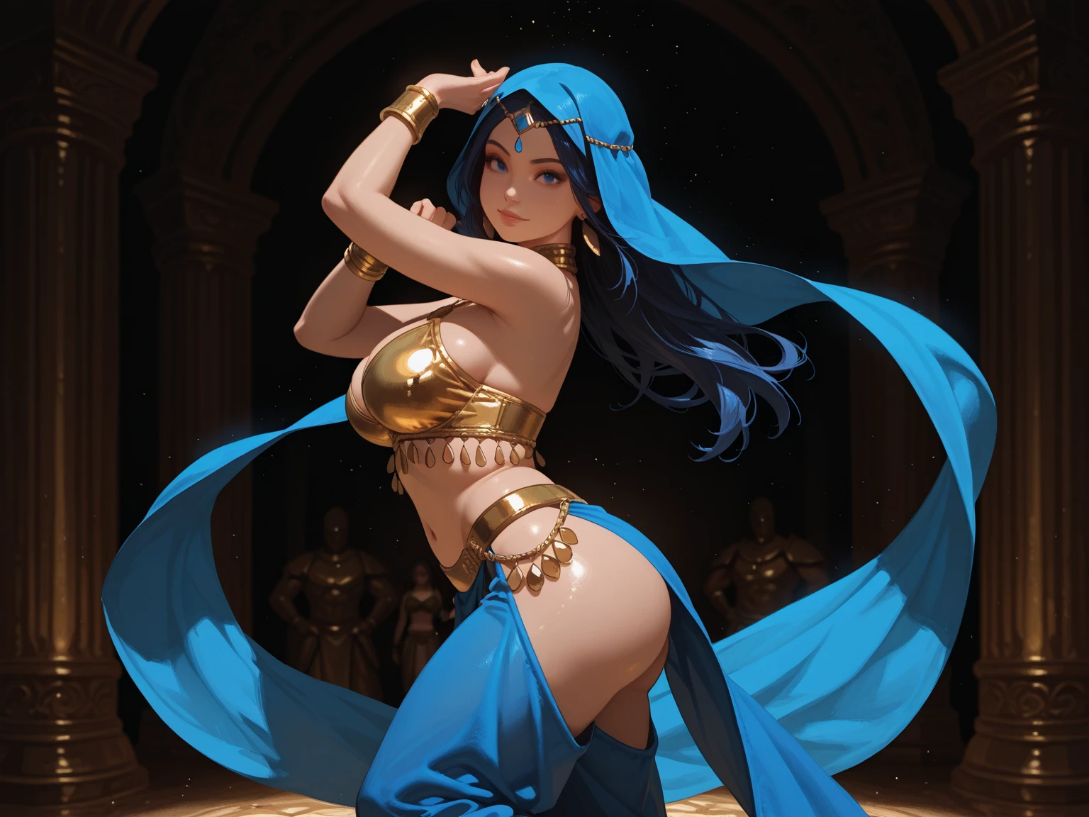 1 girl, Women, tanned skin, Pigmentation, Belly dance costume, Belly dance costume, Very Huge Big Chest, Egyptian Decor, Egyptians, Black Hair, Tie me up., long-haired, sharp face, Exquisite Face, Sharp navel, Sweaty Lot, Sweating profusely., Few pieces of clothing, Blue Eyes, sharp sweat;, HD, 4K, Stand on stage, Background contrast, Look at the audience., master-piece, Major contributions, sharp photo, attractive, Flawless., Sweaty Lot, (Unbeatable masterpiece:1.4), high-res, Sexy, ultra quality, Drenched body, Drenched breasts, Dreamy wet breast sweating