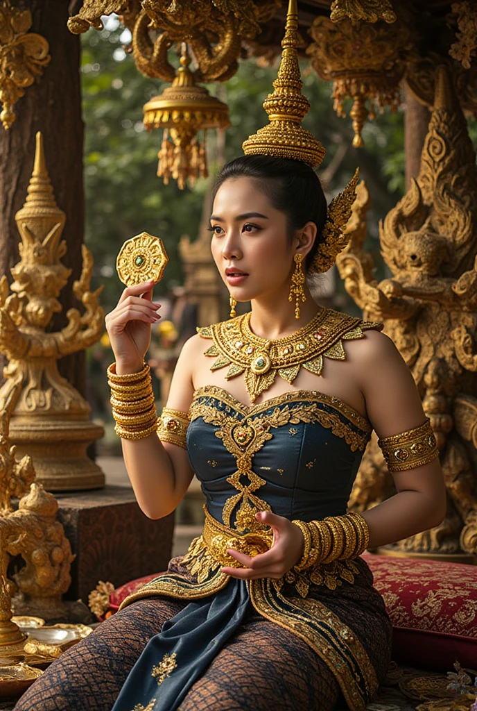  King of Ayutthaya    , Dress details     ,The beautiful Thai woman wore a dark blue silk dress that was embossed down at the waist., Male, , a pleated skirt and a knitted skirt woven with gold lines.,  Embellished with sweet floral motifs . , She had an embellished hairstyle.  is worn exquisitely, , She's tall., adorned with gold jewelry.,  adorned with a magnificent bracelet , necklace,     and earrings    . . . . . She sits on an antique red pillow amid a traditional Thai atmosphere...., , , , , surrounded by sacred objects and gold flowers ,  conveys the luxury of the Ayutthaya dynasty . Camera angle:  close-up from a low angle to highlight the details of the jewelry... . Lighting: Gentle golden moMalet . {{x}}, Thai woman opens her mouth in shock and embarrassMalet