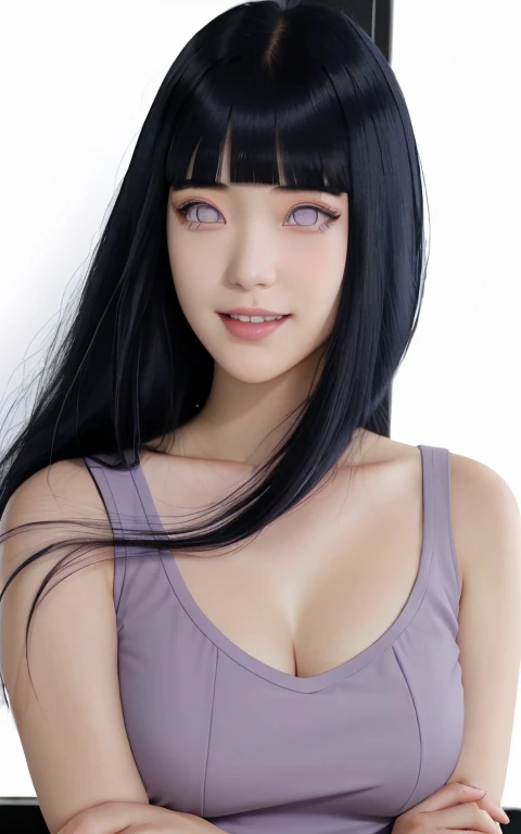 close up image of a person with long hair, hinata hyuga, hinata hyuga from naruto, from naruto, as an anime character, perfect anime face, she has dark blue hair with bangs, female anime character, anime characters, best anime girls, cut hairstyle hime, dark blue hair, pink lips, light purple eyes, smile, (pretty face: 1.3)
