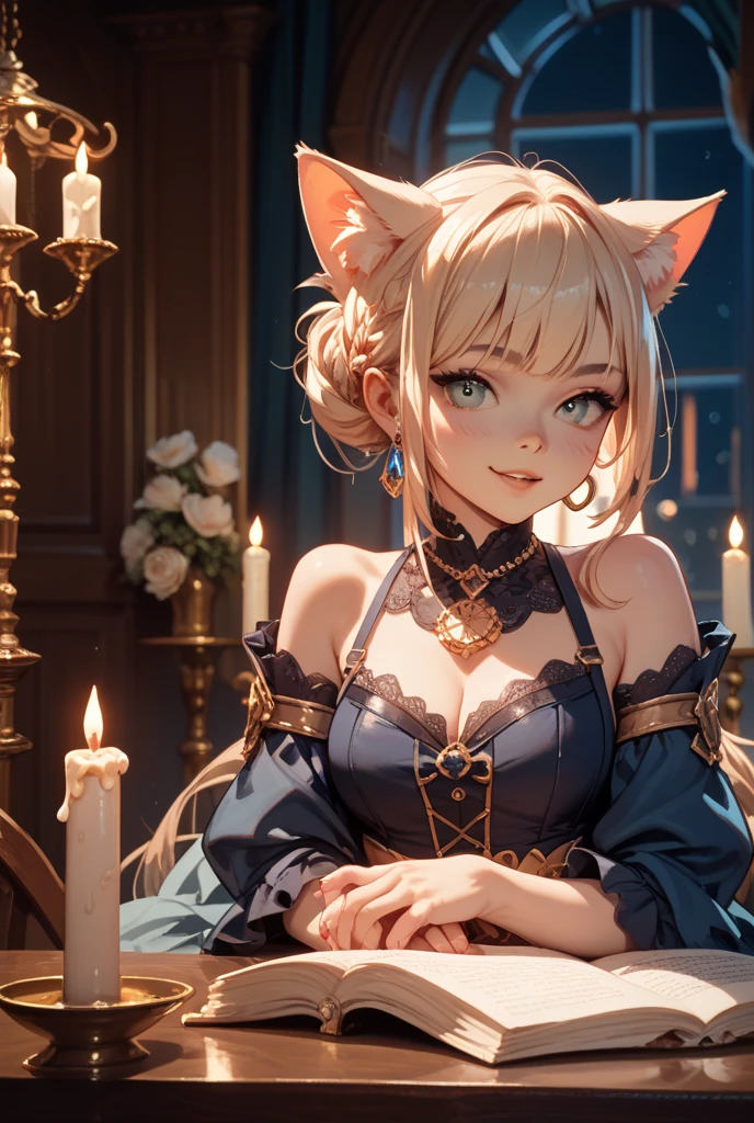 One girl、A little sexy、Blonde、Red sparkling eyes、detailed cute eyes,(glowing eyes:1.4),open mouth,((Droopy eyeole at the mouth Medium Curl Hair、Dog ears、Lying down、Golden Room、pearls choker,sensual pose,