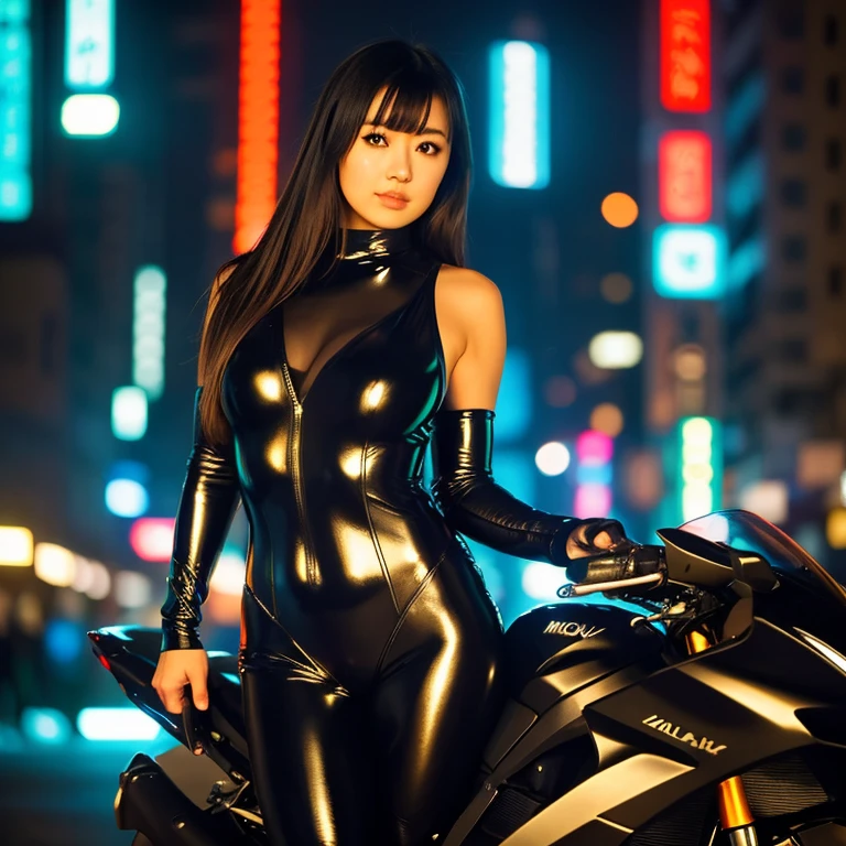 (8K, RAW photos, top quality, masterpieces: 1.2), (realistic, photorealistic: 1.4), cute, Japan girl, delicate and beautiful face, professional lighting, photon mapping, radiosity, physically based rendering, full-body covering costumes, shiny costumes, cosplay, bob cuts, black tight suits, cyberpunk city black pants, sexy, watch viewer, cg wallpaper, realistic night scene background, clear background, medium breasts, black gloves, full body, boots, leaning forward posture astride ride, light smile