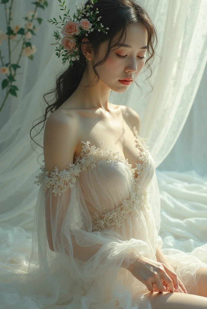 Wearing a white dress、Araved woman wearing a flower crown, Ethereal beauty, ethereal fairytale, Incredibly ethereal, Dreamy and ethereal, Very ethereal, Ethereal and dreamy, White Hanfu, a stunning young ethereal figure, Ethereal!!!!!!!, dreamy ethereal vibe, pale snow-white skin, Ethereal fantasy, ethereal details, Romantic dress, Ethereal!!!, fairy core, extremely beautiful and ethereal
