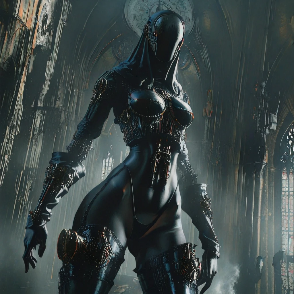 There is a Callidus Assassin squeezing through a pipe that is barely wider than her own wrist, (masterpiece, top quality, best quality, official art, beautiful and aesthetic:1.2), (1girl:1.3), ((huge long brown braid)), (((black bodysuit, painted on, fully covered, black leather))), extremely detailed, portrait, looking at viewer, solo, (full body:0.6), detailed background, close up, (cold night mountain theme:1.1), Callidus Assassin, black facemask, red lenses, hidden face, charlatan, mysterious, standing in a gothic city, black body paint, skintight bodysuit, shoulder harness, belt, long boots, dual knives, black leather, ((((gigantic breasts)))), slim waist, slim hips, long legs, gothic (cathedral city exterior:1.1) background, dark mysterious lighting, shadows, magical atmosphere, dutch angle
