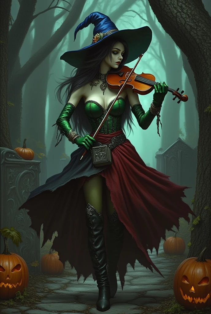 A hauntingly beautiful digital artwork captures the spectral figure of a Victorian-era violinist, shrouded in ghostly green fog. The figure's tattered clothing melds into the misty surroundings, with a cracked porcelain mask adorned by hollow, glowing eyes that reveal skeletal features. The ethereal violin, crafted from smoke and shadows, emits swirling musical notes that dance in the eerie atmosphere. This detailed and atmospheric illustration masterfully portrays the interplay between solid and intangible elements, evoking a sense of melancholy, timelessness, and mystery. The striking contrast between the translucent figure and the eerie green backdrop mesmerizes the viewer, creating a chilling and captivating visual experience., conceptual art, illustration