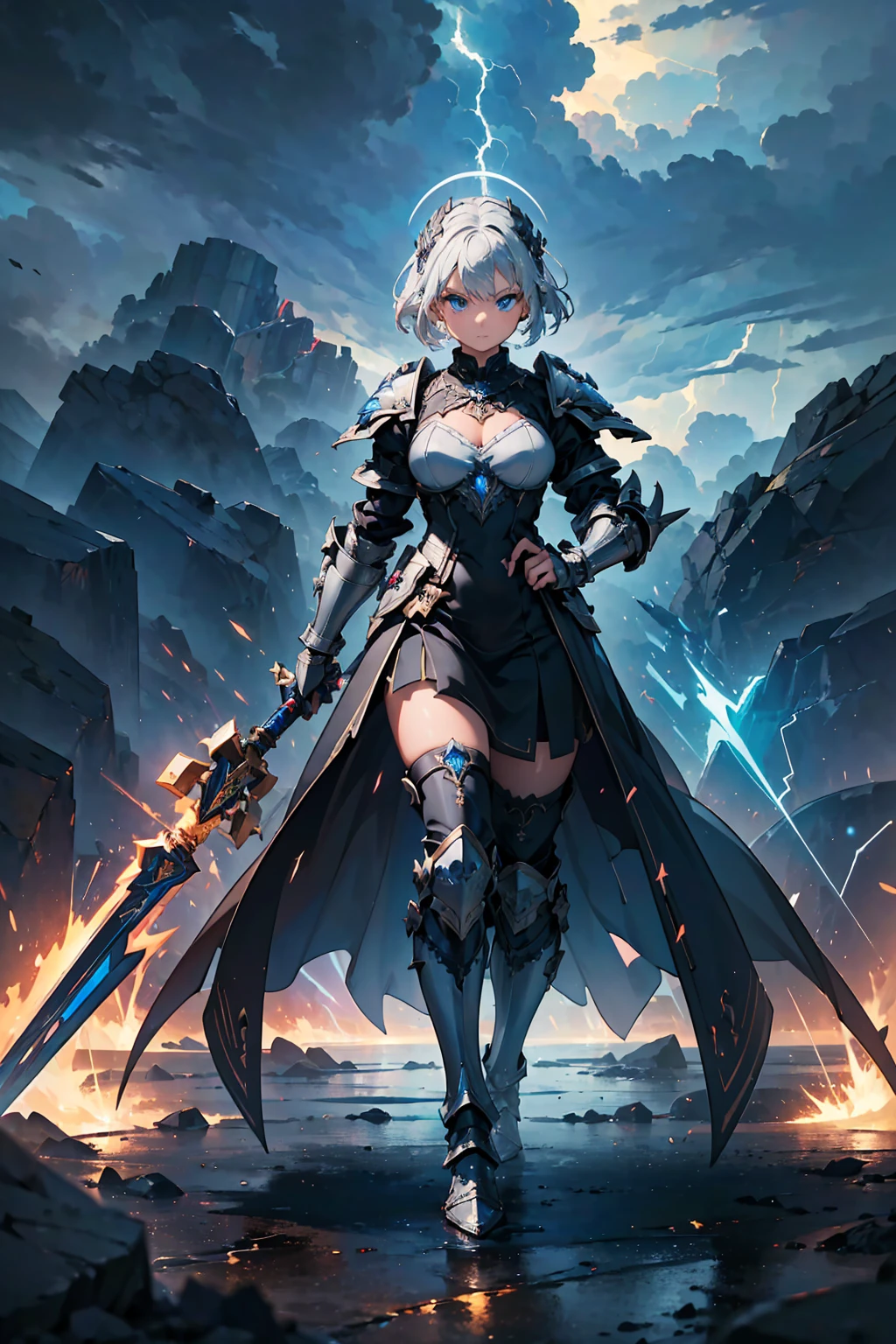 (((masterpiece, best quality, high detailed, 8k))) Design a layout showcase Gaming character, (1girl). Silver|Blue clothes, stylish and unique. ((showcase weapon:1.4)), lightning rod. (masterpiece:1.2), (best quality), 4k, ultra-detailed. (Step by step design, layout art:1.5), (luminous lighting, atmospheric lighting). storm mage, ((glove full hands)), (((revealing clothes:1.3))), vambraces, armored legwear, (((full_body_shot:1.4))). {During a thunderstorm}.