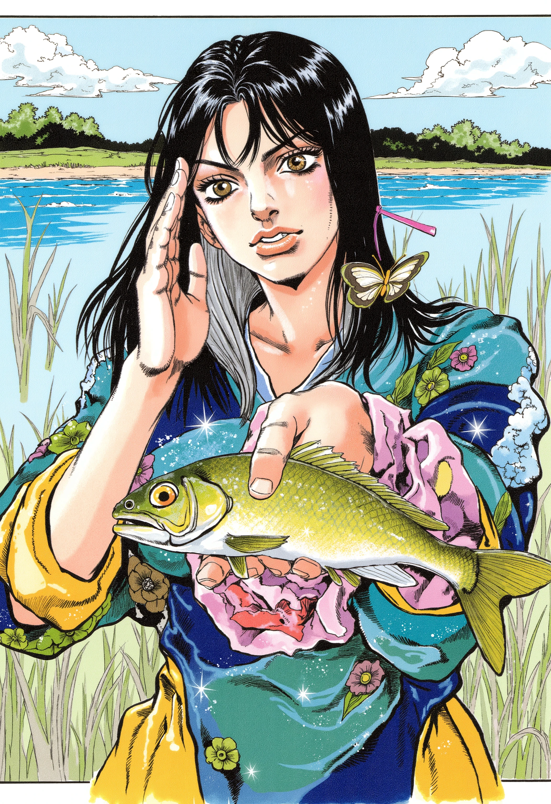 Araki Hirohiko's Style, Jojo SBR, JoJo's Bizarre Adventure Steel Ball Run, (masterpiece:1.5),beautiful hair,Beautiful Eyes,beautiful lips,Beautiful slender body,(Konno Anna:1.2),(Riho Yoshioka:1.1),(random expression:1.3),(Riverside:1.4),bust illustration from the front ,((((the most beautiful woman in the world:1.7)))),(((( kimono,jacket,Taisho Romance:1.5)))),((19-year-old single woman holding a fish in her hand:1.1)),(accurately depicted anatomically correct hands:1.1)black hair,long eyelashes on their left hand,Three-dimensional, jewel-like eyes,Very delicate and beautiful CG,2. 5D illustration, anatomically accurate body, (very precise illustration:1.1),(Outdoors:1.4), (wallpaper:1.4),8k