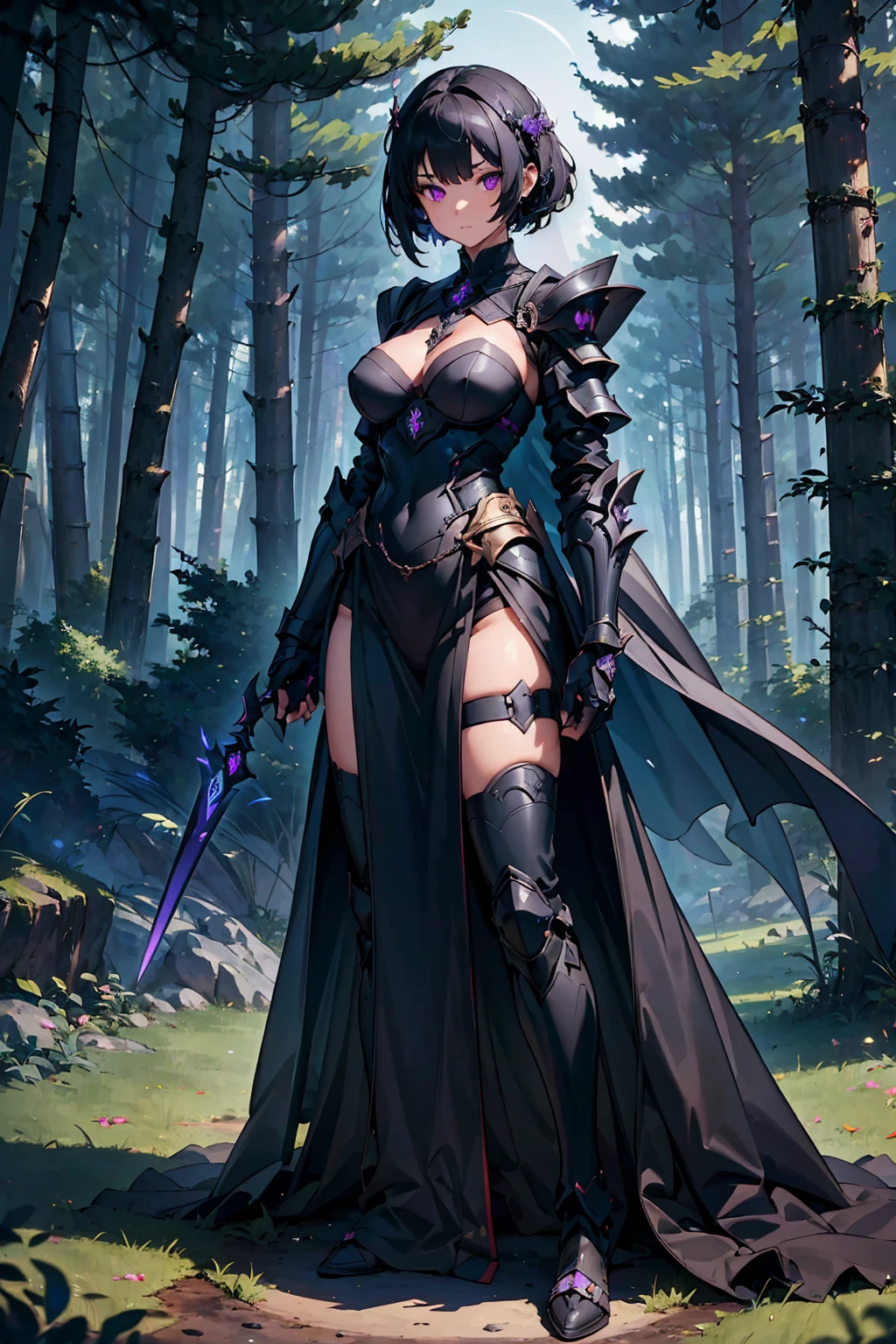 (Masterpiece, top quality), (detailed hair), ultra detailed, anime style, full body, solo, viking tiefling woman, Muscular body shape, wearing viking armor, black and white hair and crystal blue eyes, pale purple skin, holds two axes, wears high armor boots , standing in woods, white background, whole body, with horns, demon like tail