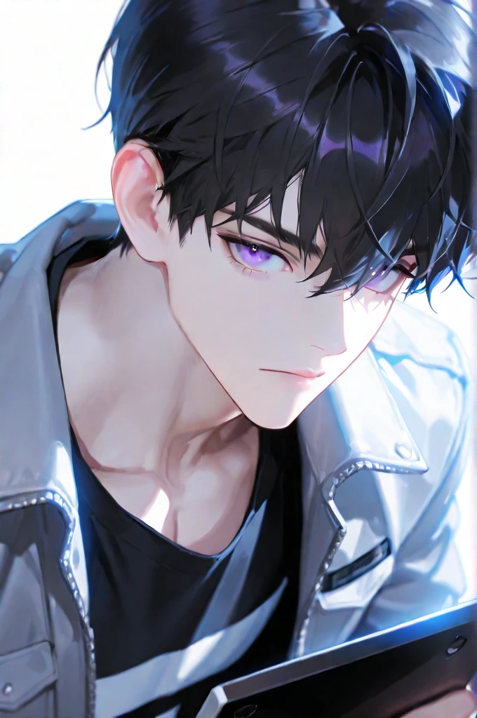 masterpiece, 1 man, handsome, Jeong Sang, Face Centered, Detailed Facial Description, Both eyes of the same size,  Cinematic lighting, detailed description, Looking back at the viewer, early 20s, lean, muscular body. Black hair with a slight hint of dark silver. The bangs slightly cover the eyebrows. Disheveled bangs that cover all of the forehead. the sides cover the ears slightly,, the back of the head reaches the nape of the neck. Deep and calm purple eyes. , a sober impression that it suppresses emotions. I feel the warmth when I look at it up close. Pale and transparent skin. has sharp black hair with a slight hint of silver,. black high neck shirt, grey or dark navy slim fit jacket. always holding the tablet in the hand. soft lighting, with a slight silver luster, Emotion eyes, feels like an SF assistant, hacker vibe,  light reflection , techware element, tablet device.