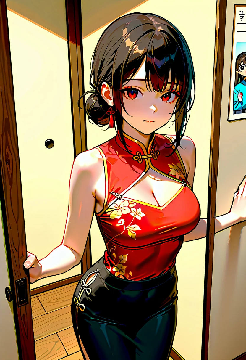 1girl, breasts, solo, armpits, cleavage, mature_female, jewelry, earrings, dress, brown_eyes, arms_behind_head, Farang Ding Dong Breasts, cleavage_cutout, clothing_cutout, chinese_clothes, lips, black_hair, covered_nipples, china_dress, sleeveless, short_hair, looking_at_viewer, arms_up, makeup, brown_hair, upper_body, window, hair_bun, indoors, mole, blue_dress, mole_under_eye, veiny_breasts