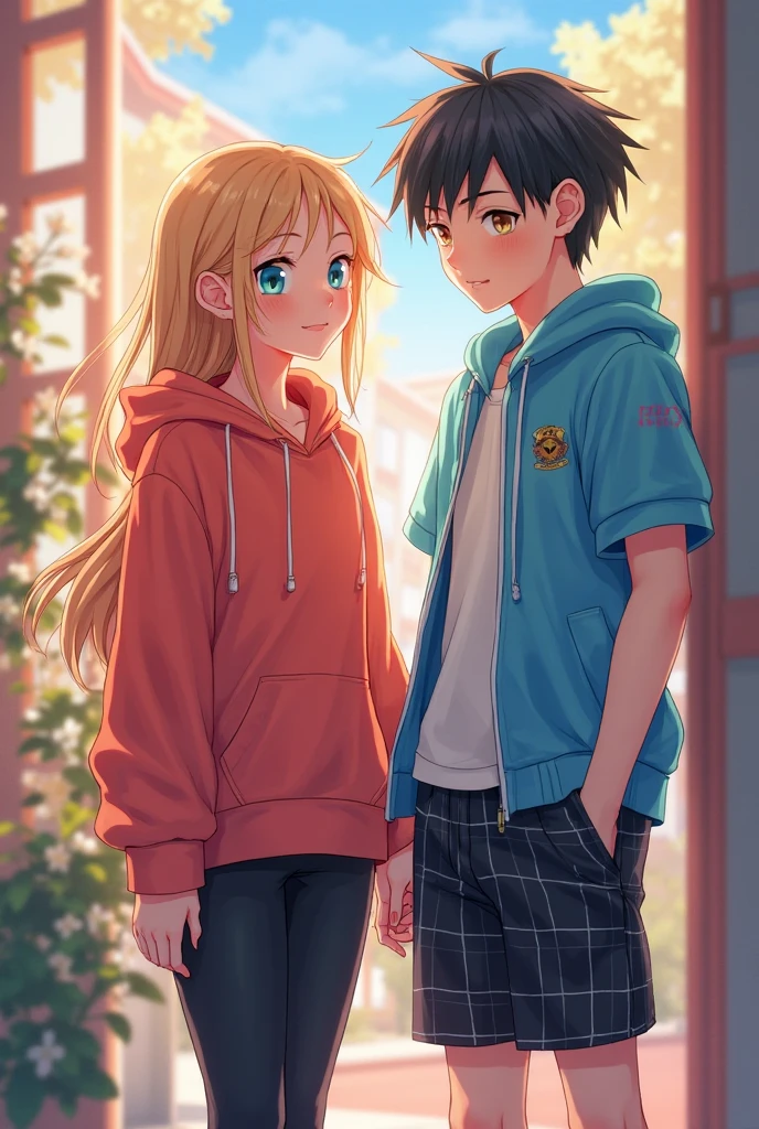 (1 girl: 1.3), (anime boy: 1.3), (stand together: 1.3), (big eyes: 1.2), Splash ink animation Lolita, long-haired blonde anime girl, (brunette anime boy with short hair: 1.5), Smooth anime CG art, Animated art wallpaper 8K, 4k comics wallpaper, (Big boobs: 1.3), (Big boobs: 1.3), (Wearing school uniform: 1.3)