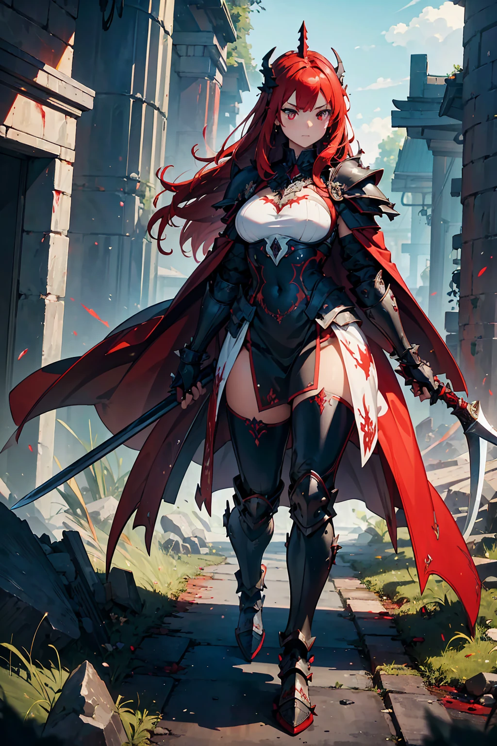 (((masterpiece, best quality, high detailed, 8k))) Design a layout showcase Gaming character, (1girl). Red|Black clothes, stylish and unique. ((showcase weapon:1.4)), enchanted sword. (masterpiece:1.2), (best quality), 4k, ultra-detailed. (Step by step design, layout art:1.5), (luminous lighting, atmospheric lighting). warrior, ((glove full hands)), (((revealing clothes:1.3))), vambraces, armored legwear, (((full_body_shot:1.4))). {In a mystical forest}.