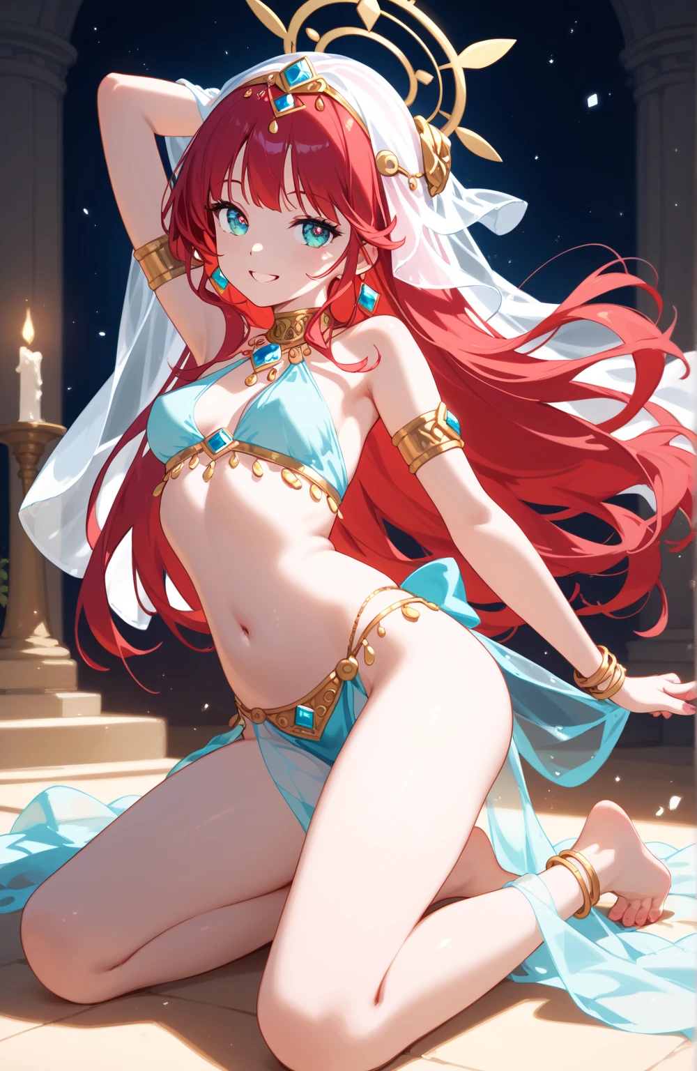 Mojana,((Masterpiece)), (((Best quality))), ((Ultra-detailed)), ((illustration)), ((Disheveled hair)), ((frilld)), (1 girl), (Solo), anklet , arabian clothes, Arabic dancers, Asymmetrical hair, Barefoot, Bracelet, Breasts , choker necklace , cleavage, Clothing, :D , Dancer, Dancing , Fashion board , Feet , Female, flower , hair flower , hair adornments, cheerfulness , headdress , Headwear , Implicit Nopan, jewelry, Legs, Long hair, Medium hair , Mount Venus , navel , Open mouth , open-mouth smile, O-ring, O-ring top, pony tails , Red eyes , Red hair , Side ponytail, Small breasts , Smile , Thighs, hair tying , Toes , traditional garb ,