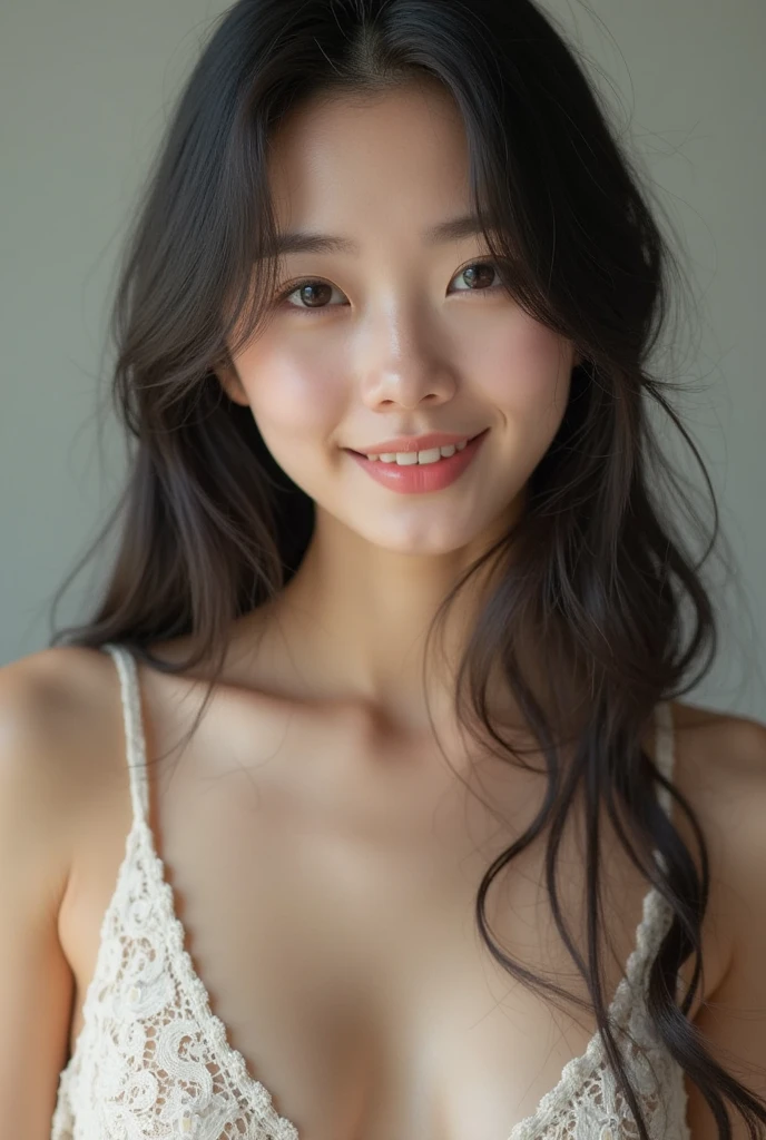 (RAW photo, best quality, masterpiece:1.2), (realistic, photo-realistic:1.37), ultra-detailed, ultra high res, (aegyo sal:1), 1 girl, Kpop idol, busty, PureErosFace, (long hair:1.2), posing, (nose blush), (smile:1.5), medium breasts, beautiful detailed eyes, floating hair, professional lighting, photon mapping, radiosity, physically-based rendering, white clothes,white skin,looking at a viewer