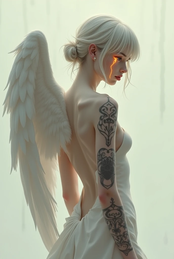 a beautiful tattooed woman, detailed facial features, detailed tattoos, elegant pose, large wing tattoo on back, flowing hair, natural lighting, hyperrealistic, 8k, photorealistic, award winning digital art, cinematic composition, dramatic lighting, moody color palette, chiaroscuro, masterpiece