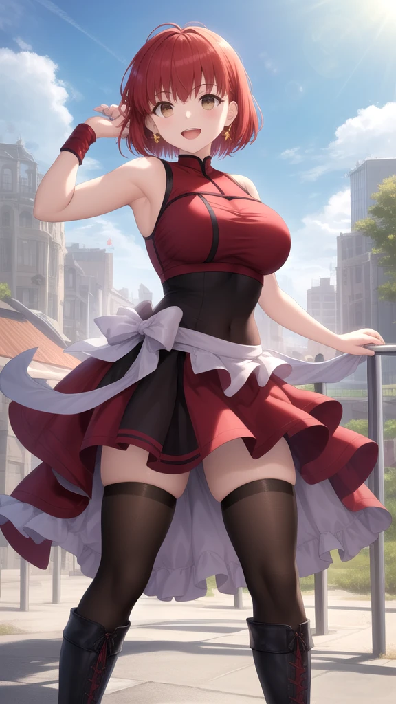(masterpiece, best quality, great:1.3), illustration, CG, (1girl, solo:1.1), from above, running, (blush)++, smile, open mouth, short hair, (dark brown hair, green eyes:1.2), delicate eyes, sleeveless, glove, (white dress, 1.2), (black corset, red scarf, miniskirt:1.1), (nipple:1.1), delicate clothes wrinkles, delicate hair, disheveled hair, floating hair, shiny hair, shiny skin, falling petals, (particles of light:1.2), (cherry blossoms, cobblestone:1.2), (light pink lips:0.8)