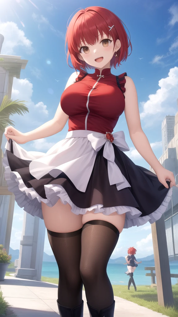 Red Hair、ponytail、Blue ribbon、Takahiro Kimura、Pink waitress、Anna Millers、Amira、Red Heels、White background, Cute face, compensate, (Small box:1.2), (Red eyes:1.5), break Gothic underwear, Perfect body (Large Breasts:1.3), break in full growth, Red Shoes, break Black Stockings, Black Gloves break, Hair Ribbon, Gothic Fashion, looks at the viewer, break (masterpiece:1.2), Highest quality, High resolution, unity 8k wallpaper, (Illustration:0.8), (Beautiful details in the eyes:1.6), Highly detailed face, Perfect lighting, Highly detailed CGI, (Perfect Arms, Perfect ???????), (white background:1.5), I have nothing in my hands, 1girl, whole body
