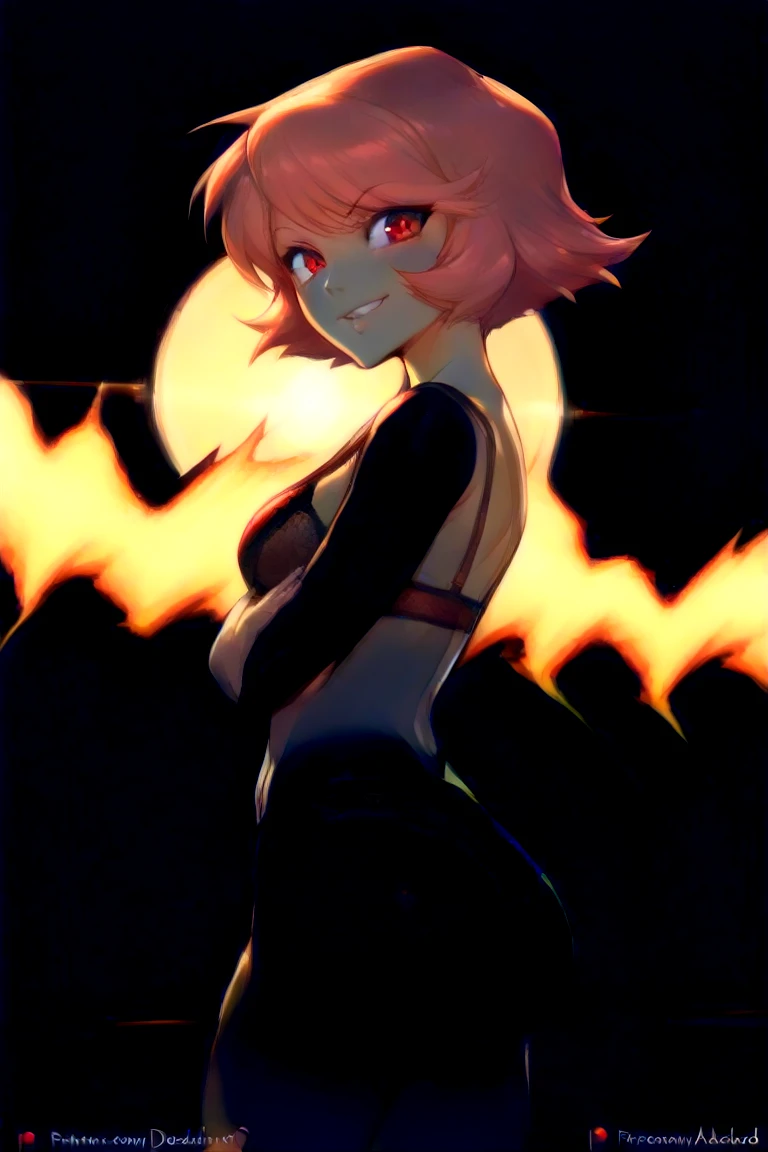 1girl, rolling eyes, grin, drool, solo, smile, tongue out, open mouth, small bikini, red hair, red eyes, full body, out of breath, small breasts, short hair, much saliva, wet body, licking