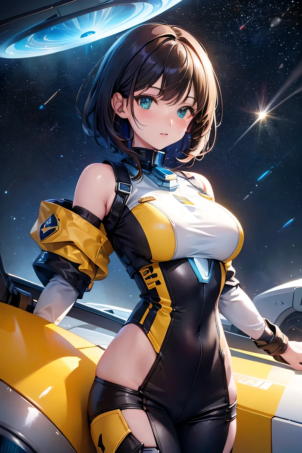 Space ship, captain future, comet, extremely fine and beautiful design, illustration, masterpiece,best quality, high resolution, 8k, sf,space fantasy, extremely beautiful and fain design, extremely fine and beautiful colors, An anime girl with shoulder-length green short hair and warm brown eyes, dressed in a sleek, black-and-yellow space pilot suit with metallic patches on her shoulders. background a planet with visible Universe Galaxy,space fantasy, comet,
