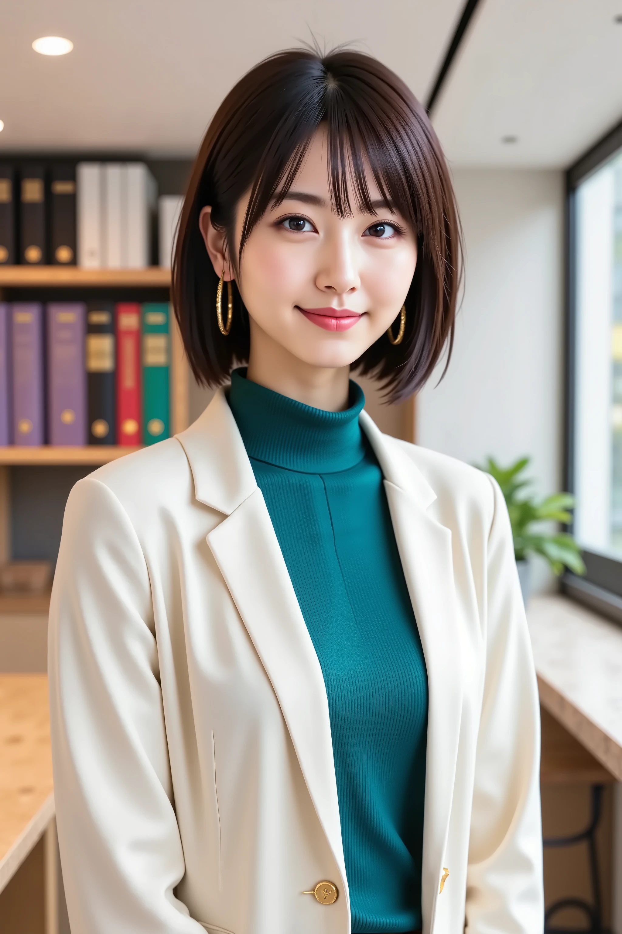misaki, huge breast, by adjusting the framing so the subject's full head is visible within the composition, with the crop showing only from just above the bust to slightly above the top of the head. a highly detailed and realistic digital illustration of a stylish professional woman standing in a modern office setting, by adjusting the framing so the subject’s full head is visible within the composition, with the crop showing only from just below the shoulders to slightly above the top of the head. Ensure there is a comfortable amount of background space above the head to establish spatial context. The focus is on her upper body clothing and the surrounding interior environment.
She is wearing a sleek white blazer with gold buttons and subtle seam lines, giving it a tailored, polished appearance. The blazer is open at the front, revealing a teal ribbed turtleneck sweater underneath, which adds contrast through its vivid color and textured fabric. Large gold hoop earrings frame her face, enhancing the sense of style and formality.
Her posture is upright and professional, suggesting confidence. Her hands are slightly out of frame, likely resting on a table. The lighting is bright and even, characteristic of a clean, modern office space.
The background shows an organized office interior, with shelves filled with neatly arranged binders in various colors including purple, red, green, and black. A potted plant adds a touch of greenery to the environment. To the right, a marble countertop and additional shelving suggest a workspace that balances aesthetics and function. The walls are smooth and lightly colored, while the ceiling features built-in lighting with a recessed fixture that provides soft overhead illumination.
The entire scene emphasizes professionalism and modern elegance, balancing detailed wardrobe styling with an orderly office backdrop.