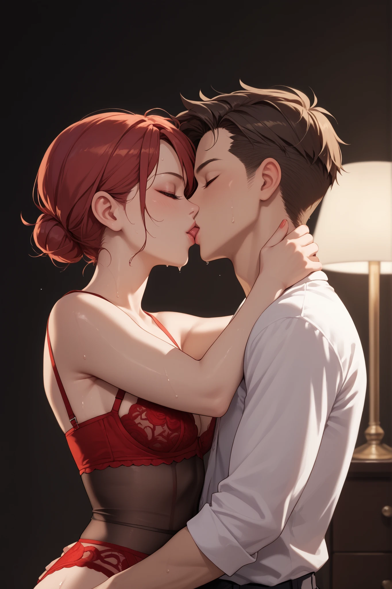 Amazing portrait of a young boy who's shirtless kissing a woman wearing an unbuttoned sheer white shirt and sexy red lingerie underneath in an intense scene in a dark room with one lamp giving off warm lighting making the scene very erotic and they're sweaty and lustful and passionately making out