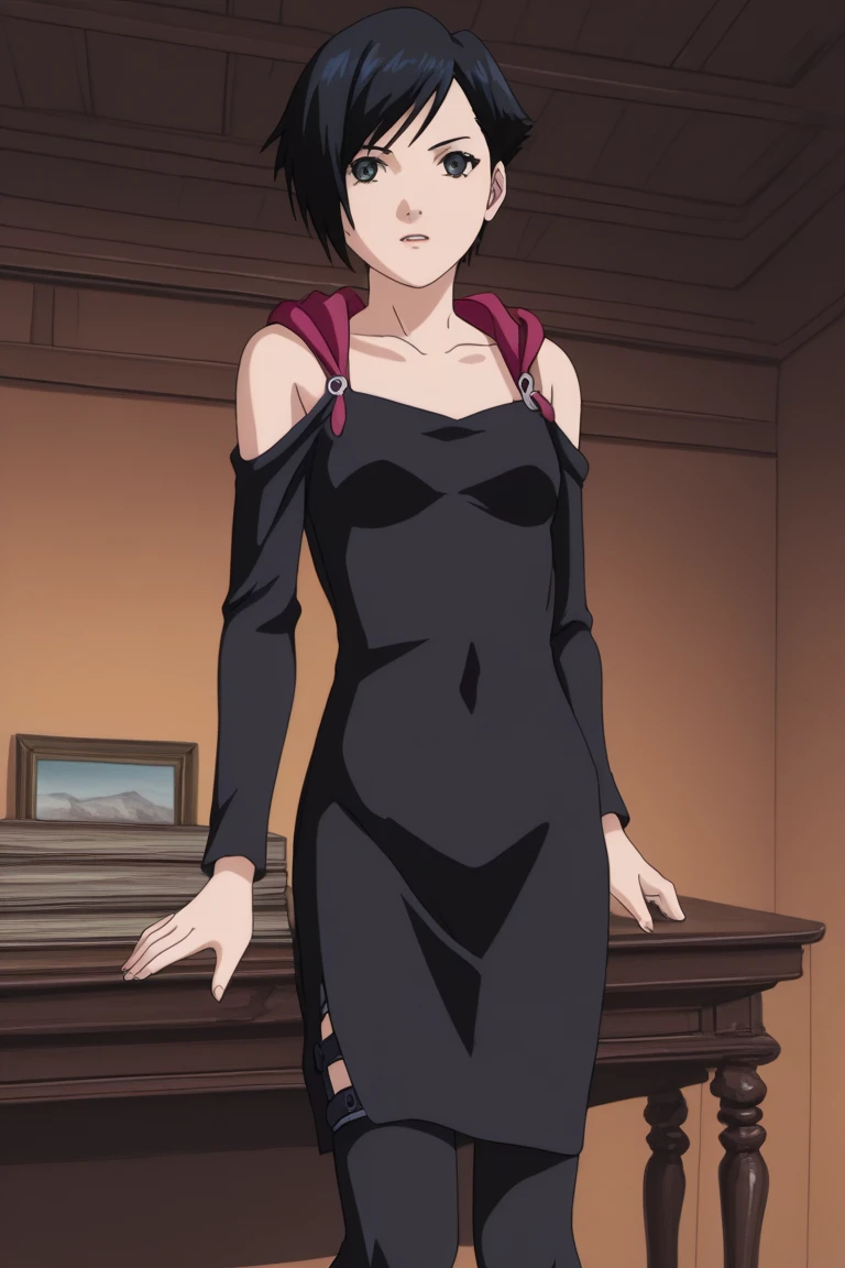 masterpiece, highest quality, Android, alone, Dorothy, Best lighting, One girl, Green Eyes, Brown Hair, Pale skin, Black clothes, barefoot, Expressionless, Undressing, Change of clothes, Open Black Clothes, Black clothesを脱いでいる, White bra, Pure White Panties, window, Medium chest, sunlight, Lips parted, Backlight, whole body