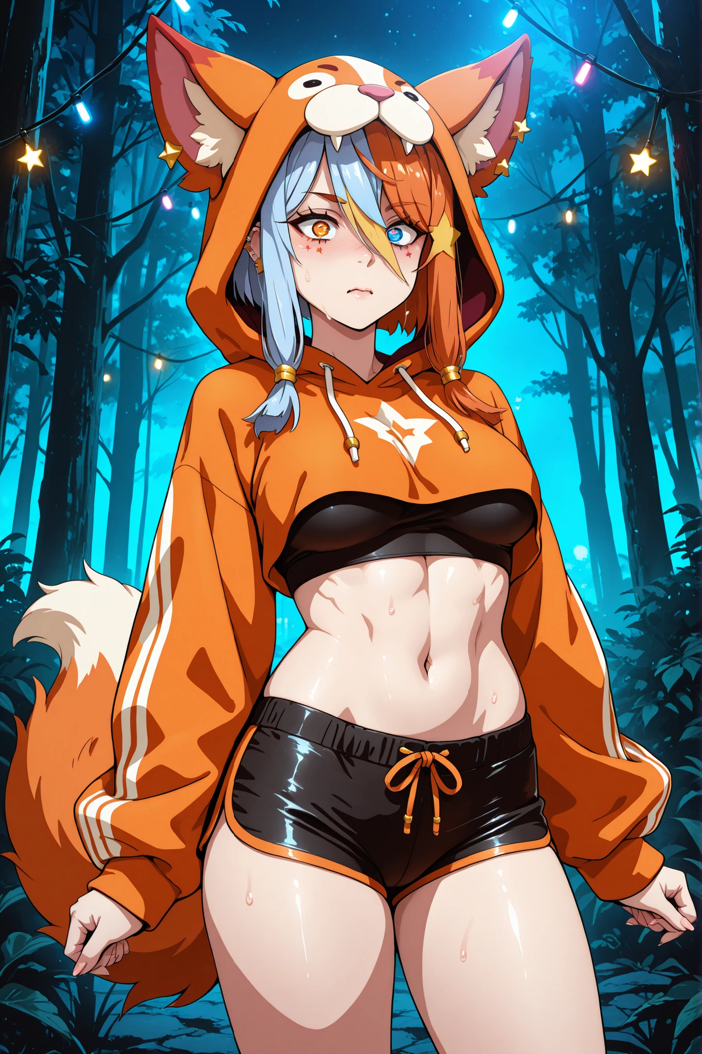A furry girl adorable and attractive anthropomorphic, anime style/semi-realistic. Species: vixen with soft fur in pastel tones (rosa, light blue, Lila) or natural (orange, white). Big, expressive eyes with heterochromy. Slim but curvy body; Muscular yet feminine build, with toned legs and defined arms ( without exaggerating ), with cute details such as fluffy tufts, and kawaii accessories (ties, star piercings). Wear alternative clothing: crop top, tight shorts or oversized hoodie. Fluffy and well-kept tail. facial expression: flirty or playful. bottom: cyberpunk urban environment or bright nature (forest at night with fairy lights). style: mix of hyper-detailed digital art and kawaii-core aesthetics. Soft lighting with glitter and glow effects.