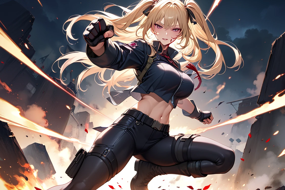 ((best quality)), ((Masterpiece)), (details), 1 girl, SWAT uniform, Curtain bangs, Blond hair, Red eyes, short skirt, นอน, big breasts, city background, night, เหมือนจริง, 8k, natural lighting, soft lighting, sunlight, HDR (High Dynamic Range), Maximum Clarity And Sharpness, Multi-Layered Textures
