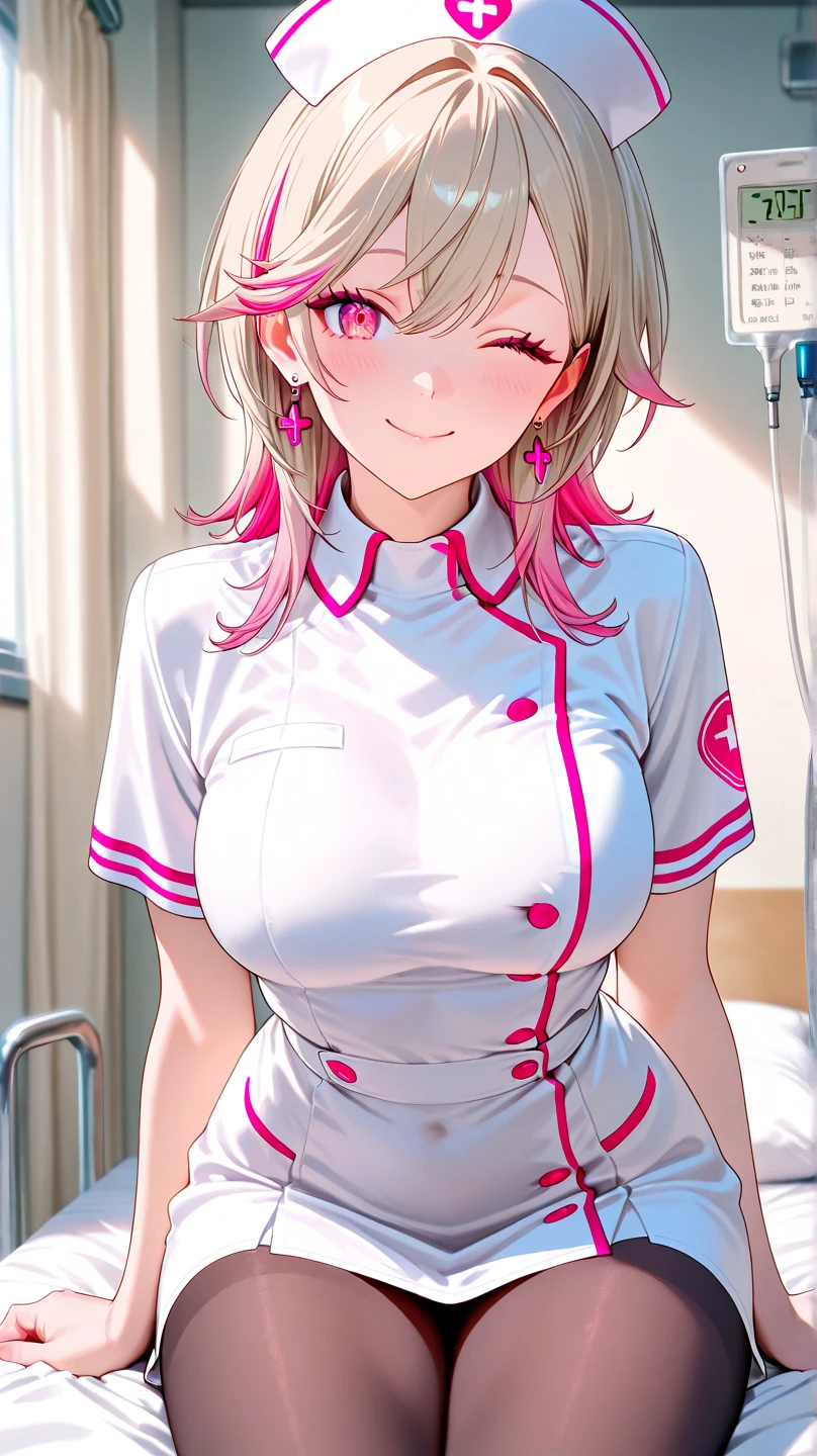 ((最high quality, 8k, masterpiece)), High resolution、(high quality: 1.5)、Very detailed、Detailed face、Bright colors、Natural light、Fine grain、Colorful eyes、Beautiful Face、非常にDetailed faceのテクスチャの女性,masterpiece, 最high quality, Detailed and beautiful eyes,最high quality、Best image quality、masterpiece、Mr.々Hairstyle,girl,Just beautiful、smile,masterpiece、最high quality、so beautiful,Panty shot,High resolution,Mature Woman,Nameplate,Medical Record,(super clean),nurse,nurse,nurseキャップ,see a doctor,1 person,clear,make,(hospital),(smile)、smile,(masterpiece:1.2)、(最high quality:1.2)、Latest Glossy Skin