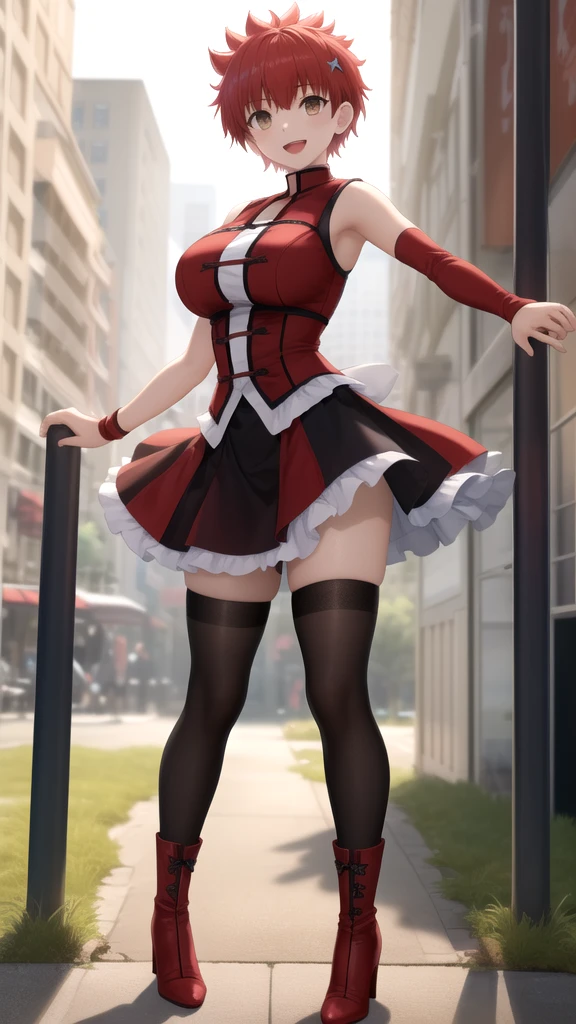 (Girl1),(alone:1.5),(Full Body Portrait Facing Fourth ParwdFull Body Portrait Facing Fourth Wall:1.5) ,**Himiko Toga** is a young woman of medium height with light blonde hair, tied into two messy buns. His eyes are bright yellow, with a mischievous expression and a characteristic smile.(Wearing),+,(A sexy erotic dress in the shape of a Christmas cupcake (midi dress) with the body of the dress molded to feminine curves and a deep neckline that reveals the breasts; vibrant red main color with gold thread details in the shape of icing and stars; fine lace around the waist and back of the dress; short skirt that ends above the kneecap, showing off long and seductive legs; red transparent knee-high socks with a waistband; red high-heeled shoes with gold thread details; hair tied with red bows; sensual makeup with red pencils and dark mascara; Sensual pose with hand on hip and seductive look.")