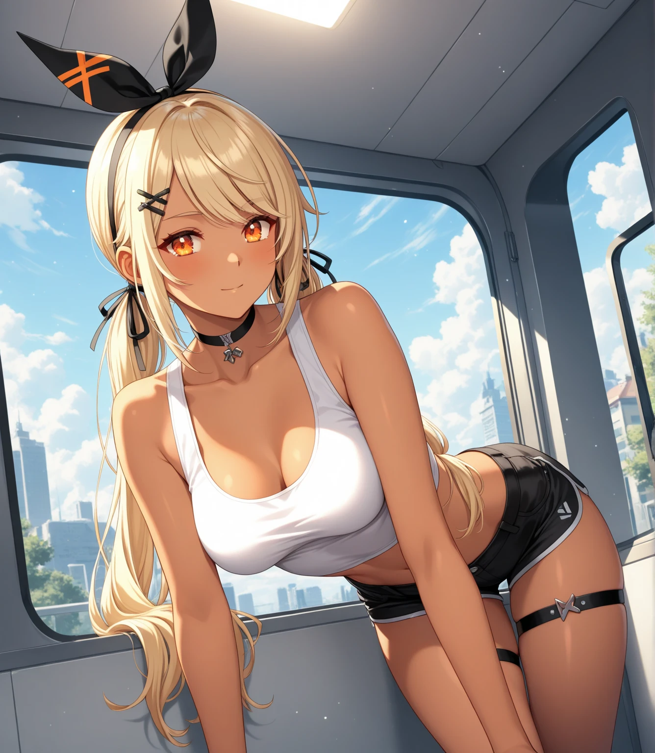 Masterpiece, Top Quality, 1girl, (Young Woman), Solo, Blonde Twin Tails, Big, Thighs, Dog Ears, ((Golden Eyes)), (((Red Collar)), Chain Leash, (Fluttering Yellow Mini Skirt), (Black Bra), (Red and Very Large Heart Tattoo Under the Navel)), (Embarrassed)), Sweating a lot, (((Red cheeks)), Looking Up, (((Dirty Toilet))