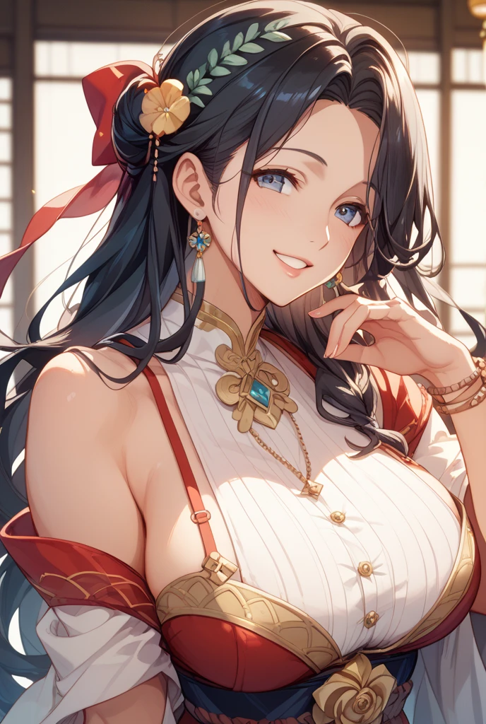 This woman is a golden elixir cultivator among several people. She has an extremely beautiful face and graceful figure. She has a mini guqin on her snow-white neck. She has a misty breath, just like a fairy, cleavage, face to detail, detailed eyes, eyes extremely detailed, (half-body:0.6), (blushing: 1.5).