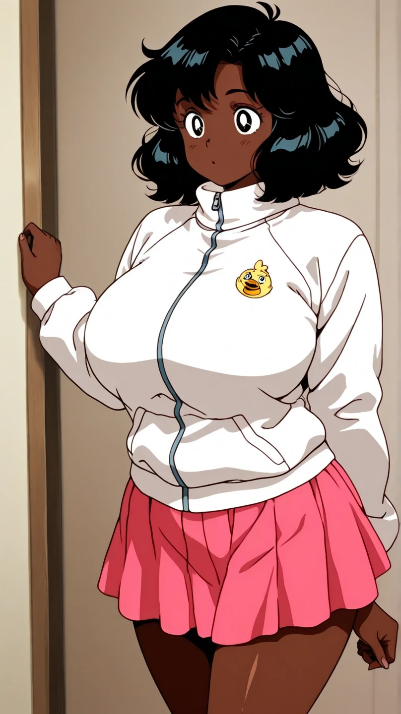 black girl, light skin (freckles), dark brown hair, medium afro, hanging curls, forehead, pink headband, chubby cheeks, narrow waist (thick hips), brown eyes ((long eyelashes, thick eyelashes)), hot pink hoodie, huge breasts (massive breasts:1.1) burgundy pants (long pants), pink lips, juicy pink lips, smile (with teeth), hands on hips, (outdoors porch, cowboy shot), (sunlight) sakura blossom scenery, looking at viewer (masterpiece, highres)