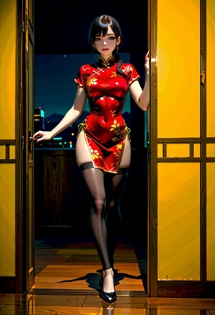 (ultra-detalhado, Fotorrealista, melhor qualidade, 4k, 8K, high resolution, Obra de arte:1.3), a stunning young woman with a bimbo aesthetic, alto com uma figura voluptuosa, pernas longas e tonificadas, flat abdomen, formato do corpo em ampulheta, Ela tem longos cabelos loiros platinados, penteado de ondas glamorosas, olhos azuis expressivos, seios copo D perfeitamente redondos e apertados, maquiagem pesada, com sombra ousada, dramatic eyelashes, and bright red lips, (usando minivestido de lantejoulas prateadas de manga comprida e decote baixo), botas longas de couro preto, excessive shiny jewelry, Your posture exudes confidence and charm, com uma brincadeira, almost unconscious expression, O fundo apresenta um luxuoso, Modern rooftop living room with panoramic city views, enfatizando seu estilo de vida luxuoso e alto status social, (detalhe intrincado, Hands super detailed, dedos ultra-detalhados, vitrine de corpo inteiro, mostrar corpo inteiro:1.3.