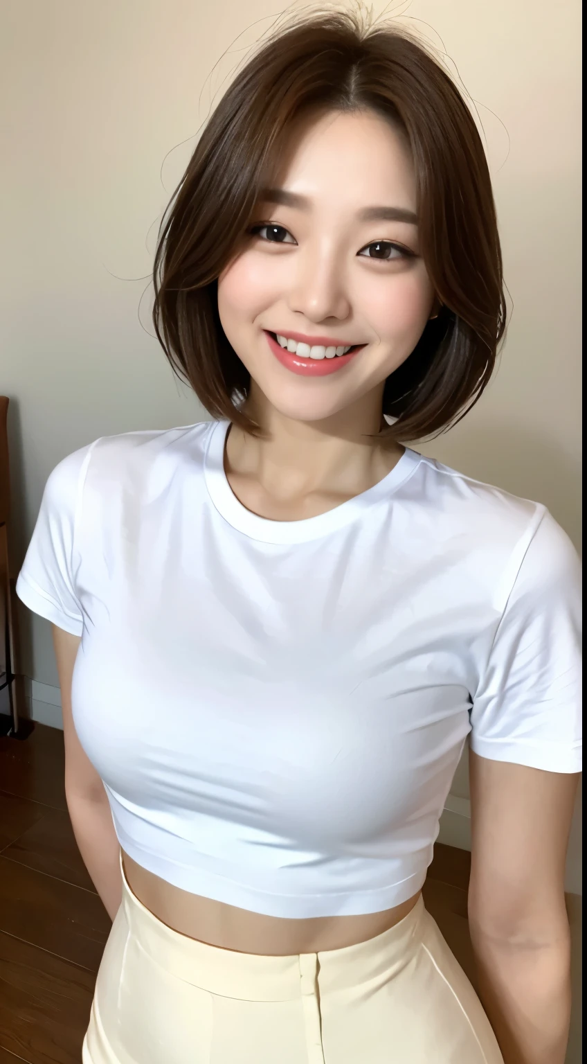 White tight skinny shirt、White Mini Skirt、bed、smile、Short sleeve、High resolution、Korean idol face、double eyelid、White teeth、short hair