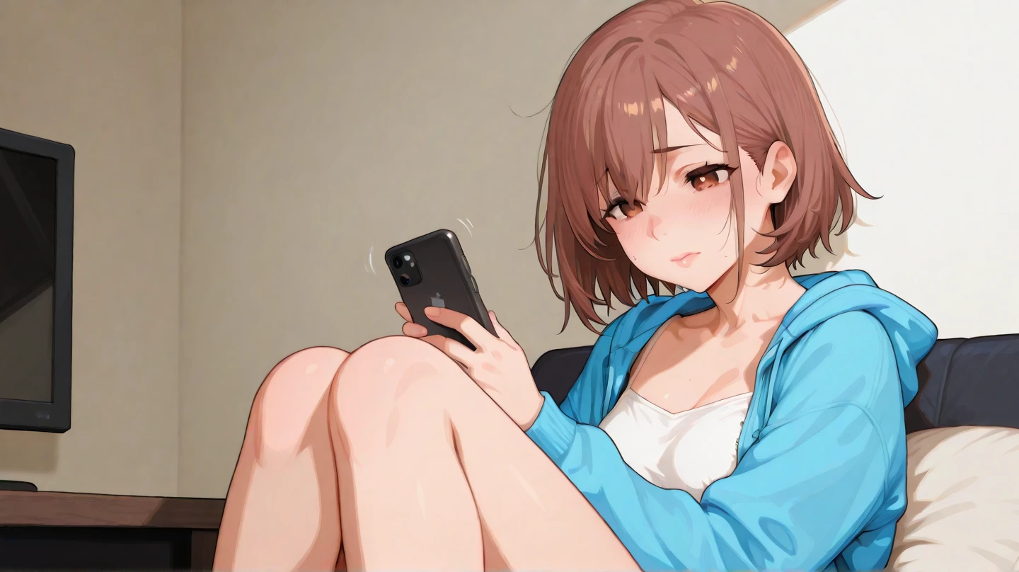 masterpiece, best quality, higres, <lora:TERv2-very-strong:1>, TER, (drawing, scribble), sketch, 1girl, white sundress, bike shorts, spats, barefoot, sitting, (crossed legs, sitting cross-legged, spread legs), spoken question mark, tomboy, embarrassed, blush, open mouth, wavy mouth, smile, nervous, nervous smile, hands between legs