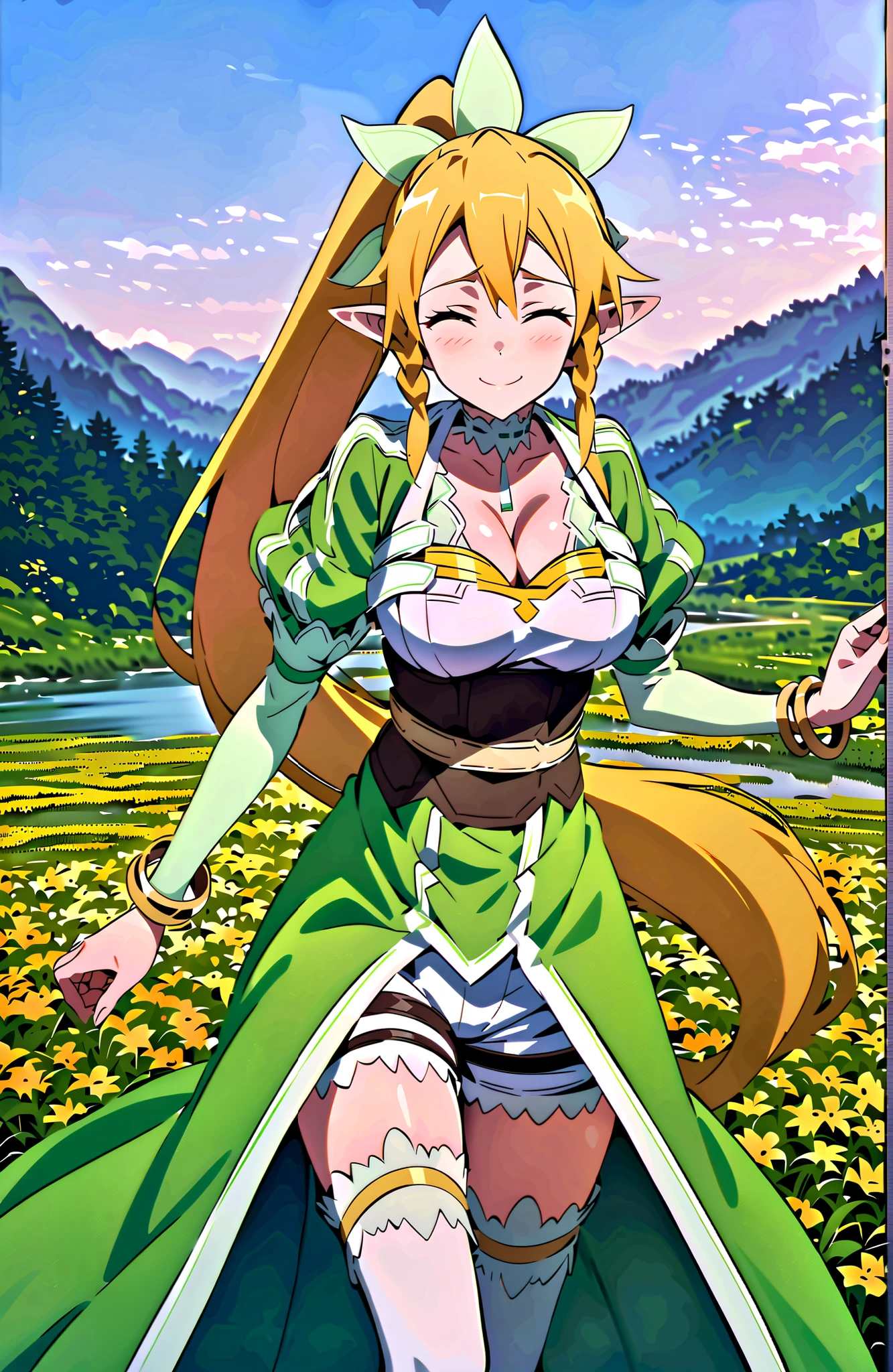 Kirigaya Naoha , leafa(SAO),close your eyes, Gold, very long hair, bungs, Pointy ears,ponytail, Side Braid, hair between eyebrows, hair ornament, bracelet, jewelry, choker,smile,blush,grinning, Big Breasts,cleavage,bracelet, puff sleeve, green dress, white shorts, white thigh high socks,Holding a bouquet in both arms,standing,Flower Field,Mountain,river,break looking at viewer,full body,
break outdoors,nature,
break (masterpiece:1.2), best quality, high resolution, Unity 8Kの壁紙, ( illustration :0.8), very detailed faces, perfect lighting, very detailed CG, (perfect hand in h, 完璧な解剖学),