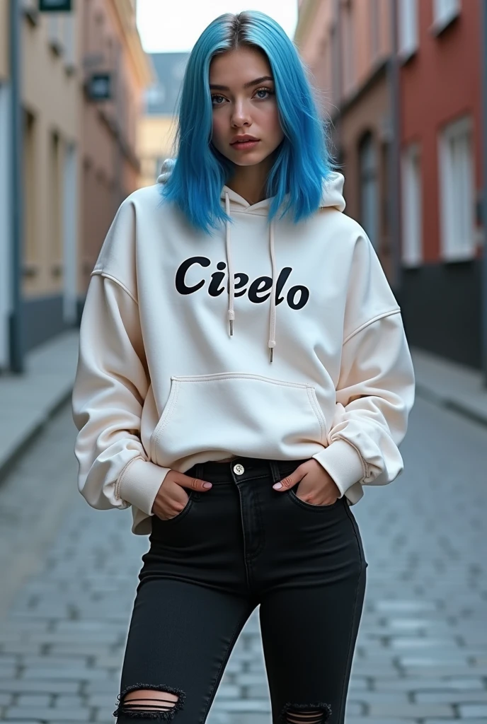 Hyperrealistic and detailed full body photo of a Bella Thorne, longer pink hair, smiling beautiful women, oben ohne, flare jeans, off white hoodie. oben ohne, leaning on a wall. Perfekte Augen, (Augen-Make-up:1.1), (Hochdetaillierter Skin:1.1), ..........RAW, analoger Stil, scharfer Fokus, 8K UHD, DSLR, High quality, Fujifilm XT3, Korn, awards winning, Meisterwerk.